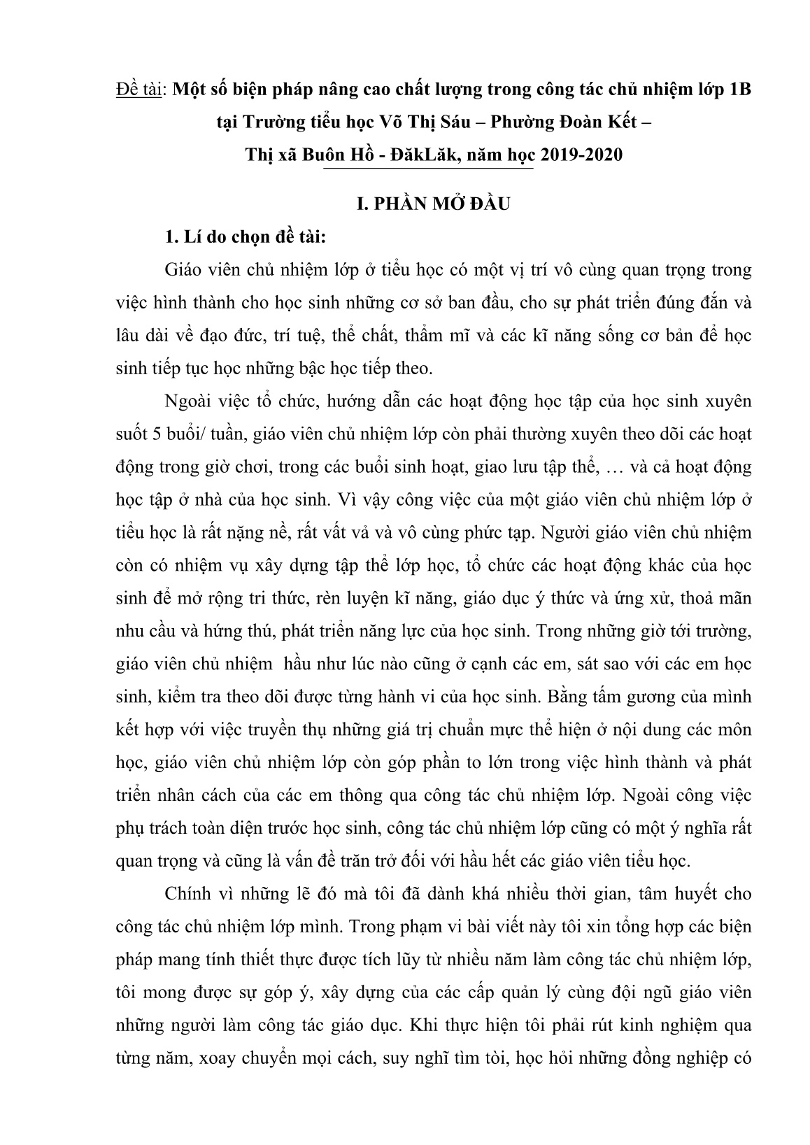SKKN Một số biện pháp nâng cao chất lượng trong công tác chủ nhiệm Lớp 1B tại Trường tiểu học Võ Thị Sáu, Phường Đoàn Kết, Thị xã Buôn Hồ, ĐăkLăk năm học 2019-2020 trang 1