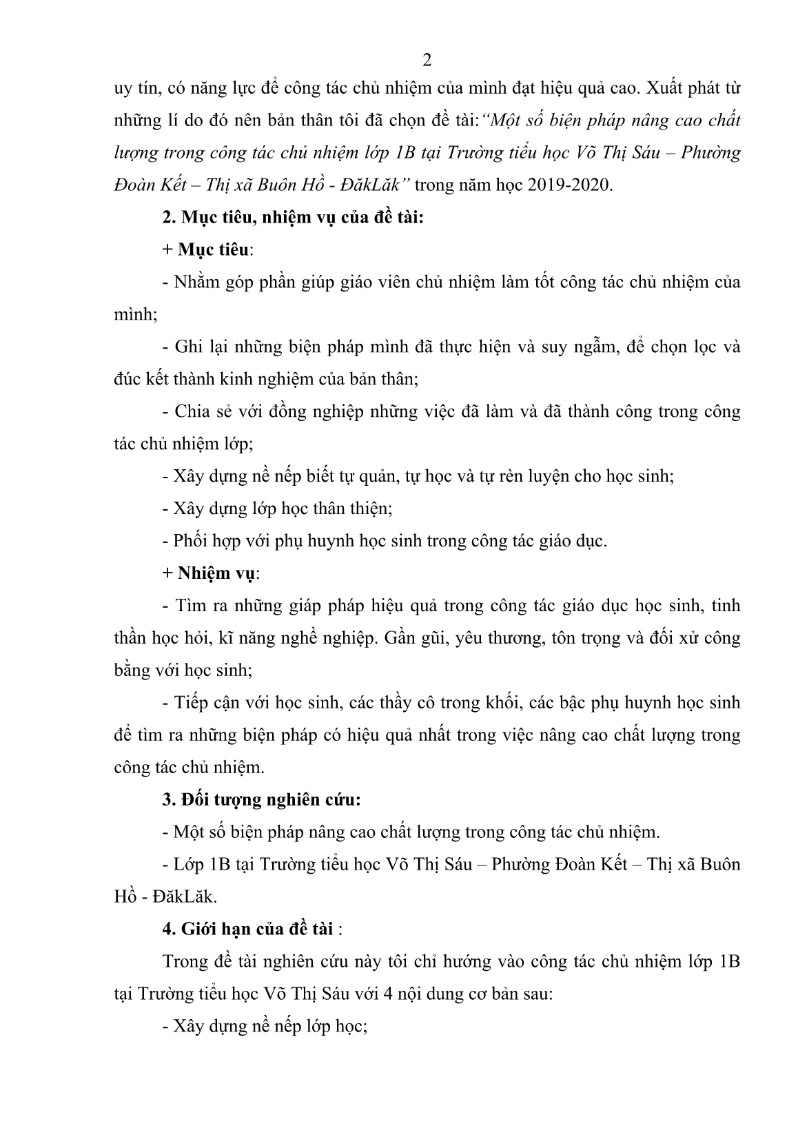 SKKN Một số biện pháp nâng cao chất lượng trong công tác chủ nhiệm Lớp 1B tại Trường tiểu học Võ Thị Sáu, Phường Đoàn Kết, Thị xã Buôn Hồ, ĐăkLăk năm học 2019-2020 trang 2