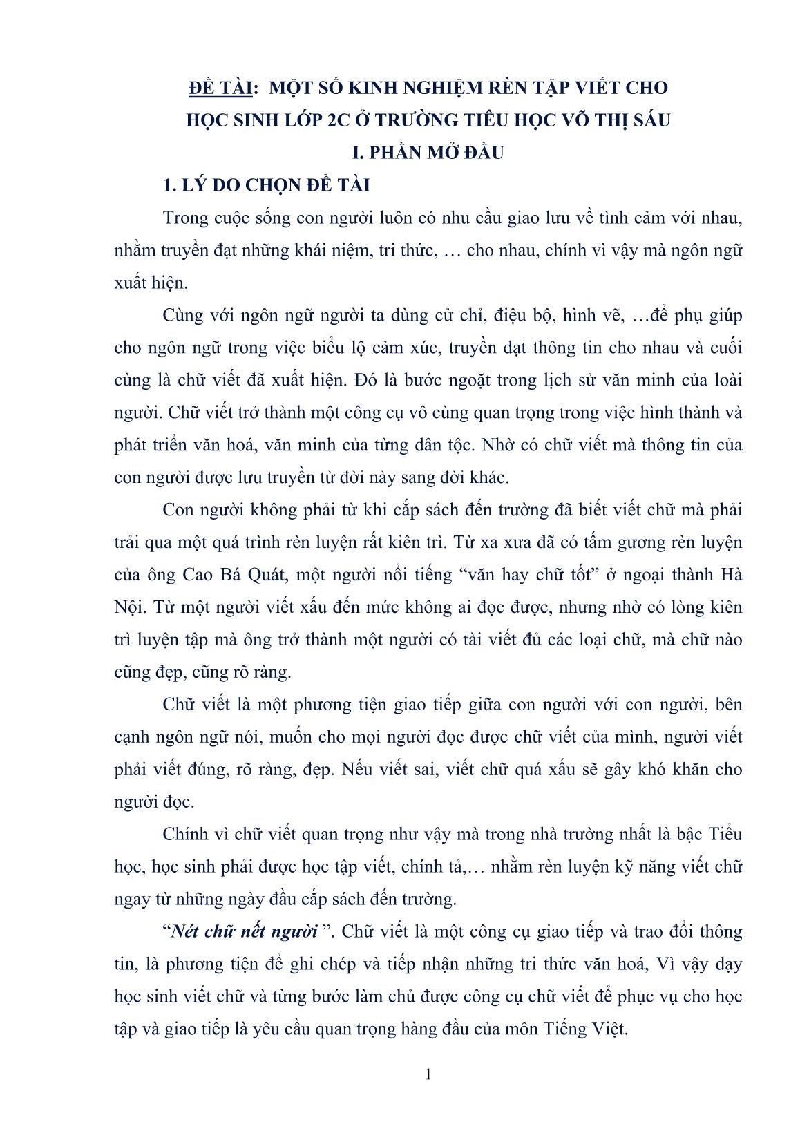 Sáng kiến kinh nghiệm Một số kinh nghiệm rèn tập viết cho học sinh Lớp 2C ở trường tiểu học Võ Thị Sáu trang 1