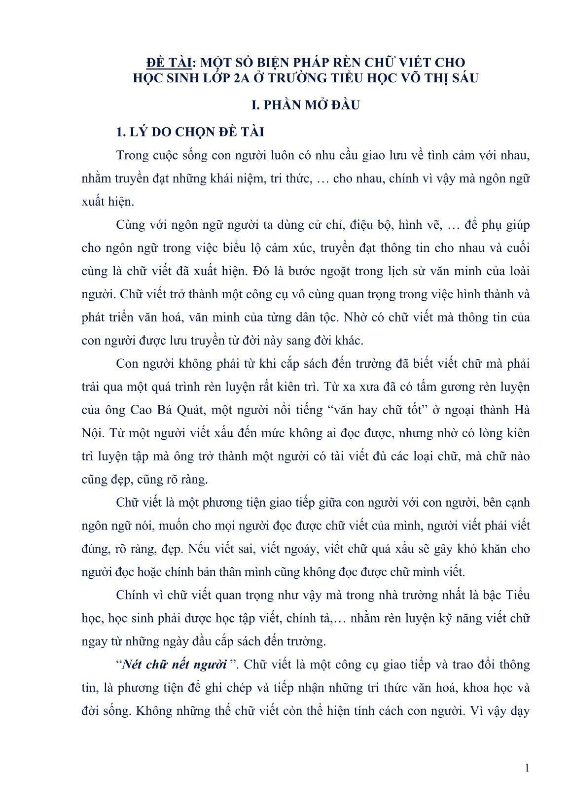 Sáng kiến kinh nghiệm Một số biện pháp rèn chữ viết cho học sinh Lớp 2A trường TH Võ Thị Sáu trang 1