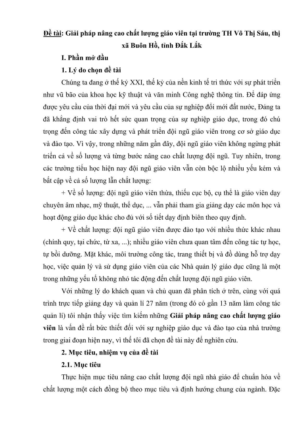 Sáng kiến kinh nghiệm Giải pháp nâng cao chất lượng giáo viên tại trường TH Võ Thị Sáu, Thị xã Buôn Hồ, tỉnh Đắk Lắk trang 1