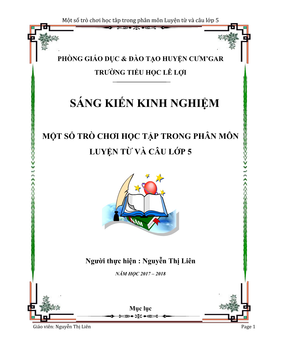 Sáng kiến kinh nghiệm Một số trò chơi học tập trong phân môn Luyện từ và câu Lớp 5 trang 1