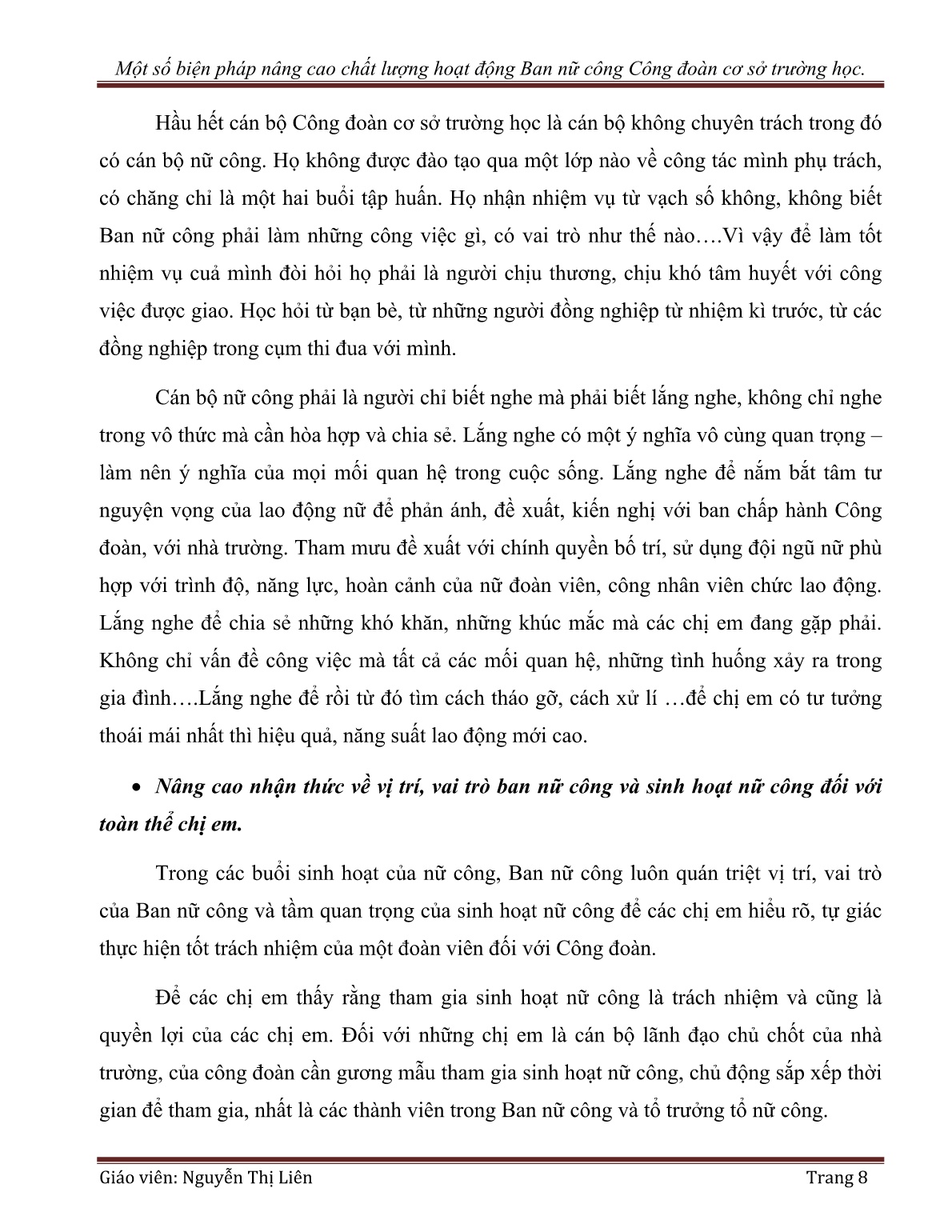 Sáng kiến kinh nghiệm Một số biện pháp nâng cao chất lượng hoạt động Ban nữ công Công đoàn cơ sở trường học trang 8