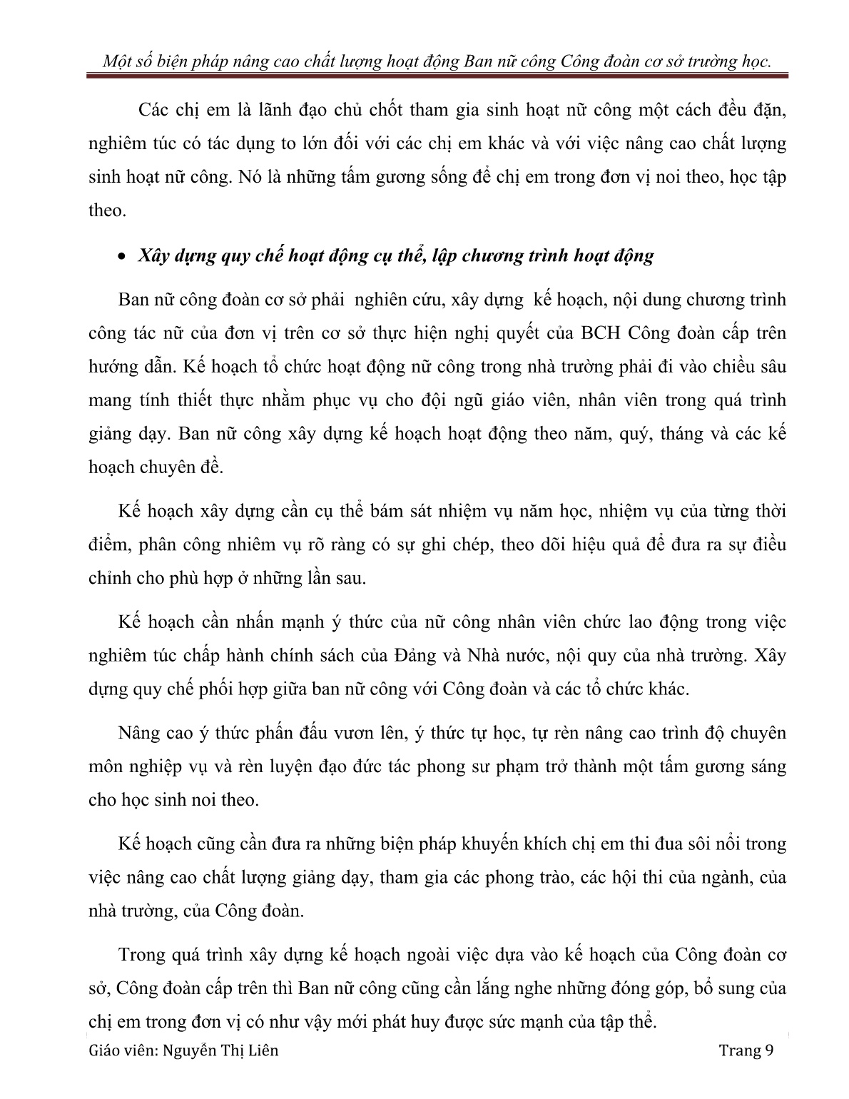 Sáng kiến kinh nghiệm Một số biện pháp nâng cao chất lượng hoạt động Ban nữ công Công đoàn cơ sở trường học trang 9