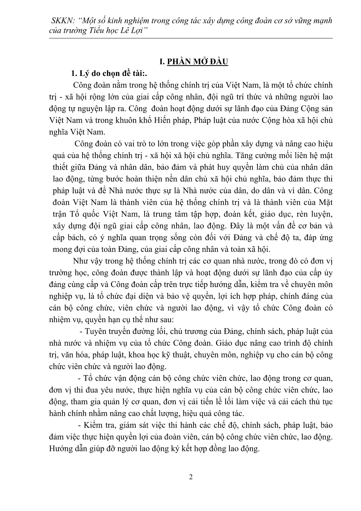 SKKN Một số kinh nghiệm trong công tác xây dựng công đoàn cơ sở vững mạnh của trường Tiểu học Lê Lợi trang 2