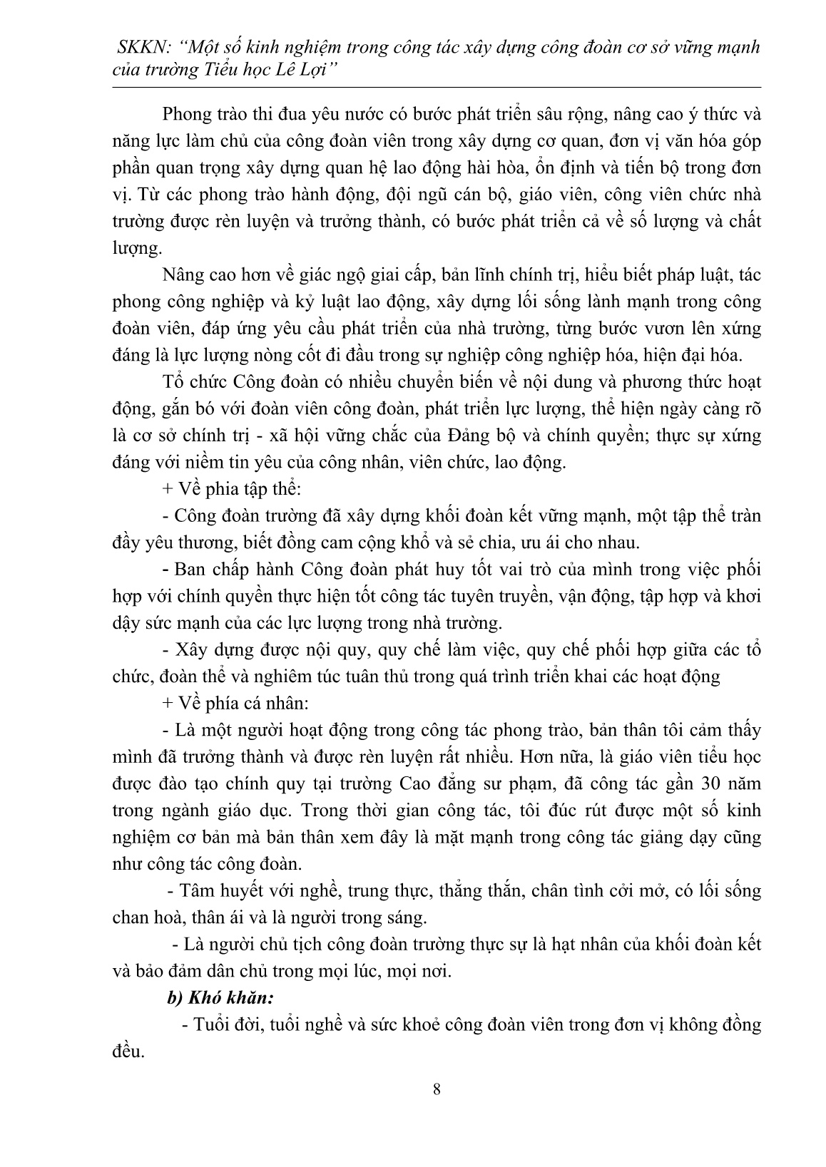 SKKN Một số kinh nghiệm trong công tác xây dựng công đoàn cơ sở vững mạnh của trường Tiểu học Lê Lợi trang 8