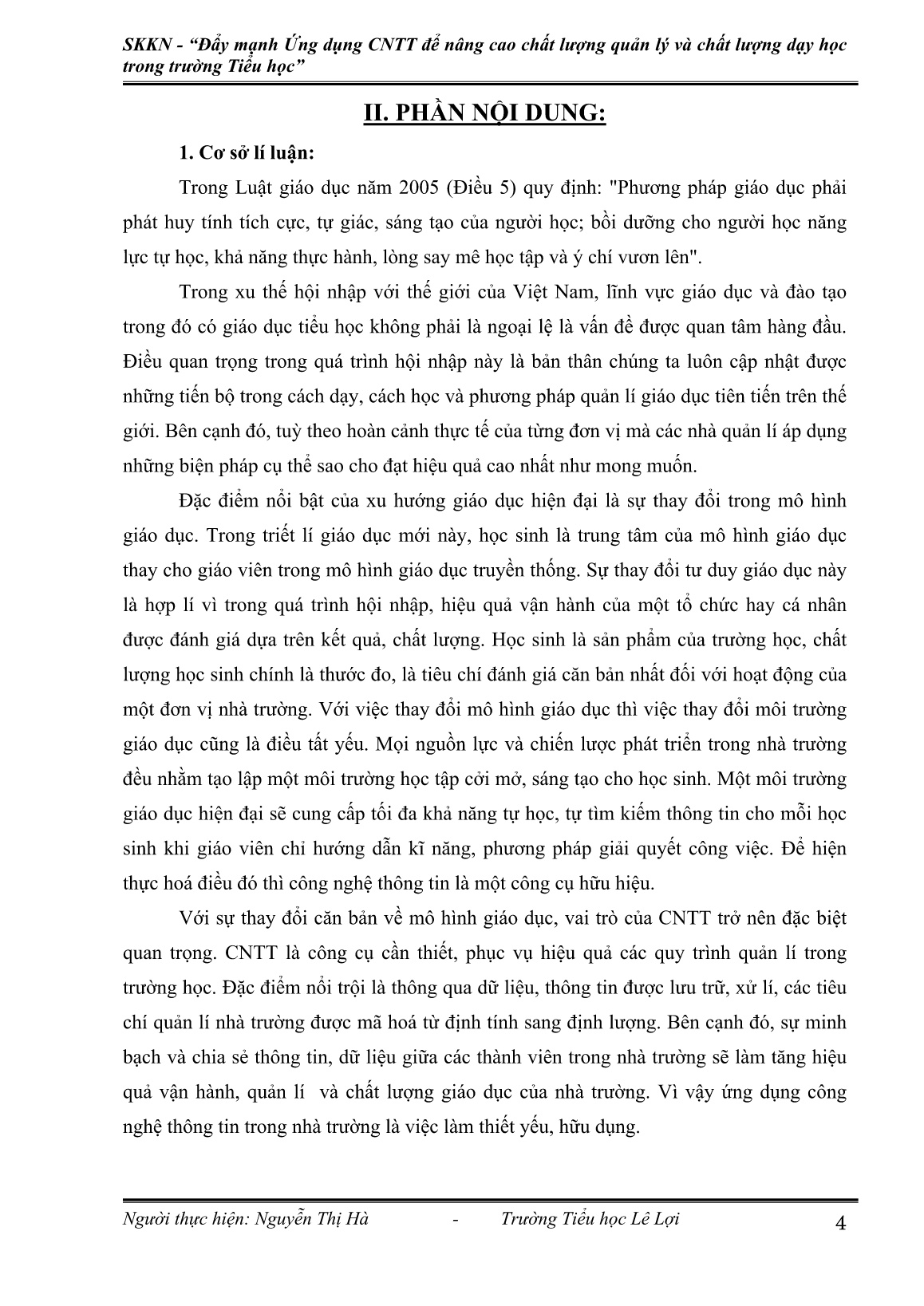 Sáng kiến kinh nghiệm Đẩy mạnh ứng dụng CNTT để nâng cao chất lượng quản lý và dạy học trong trường Tiểu học trang 4