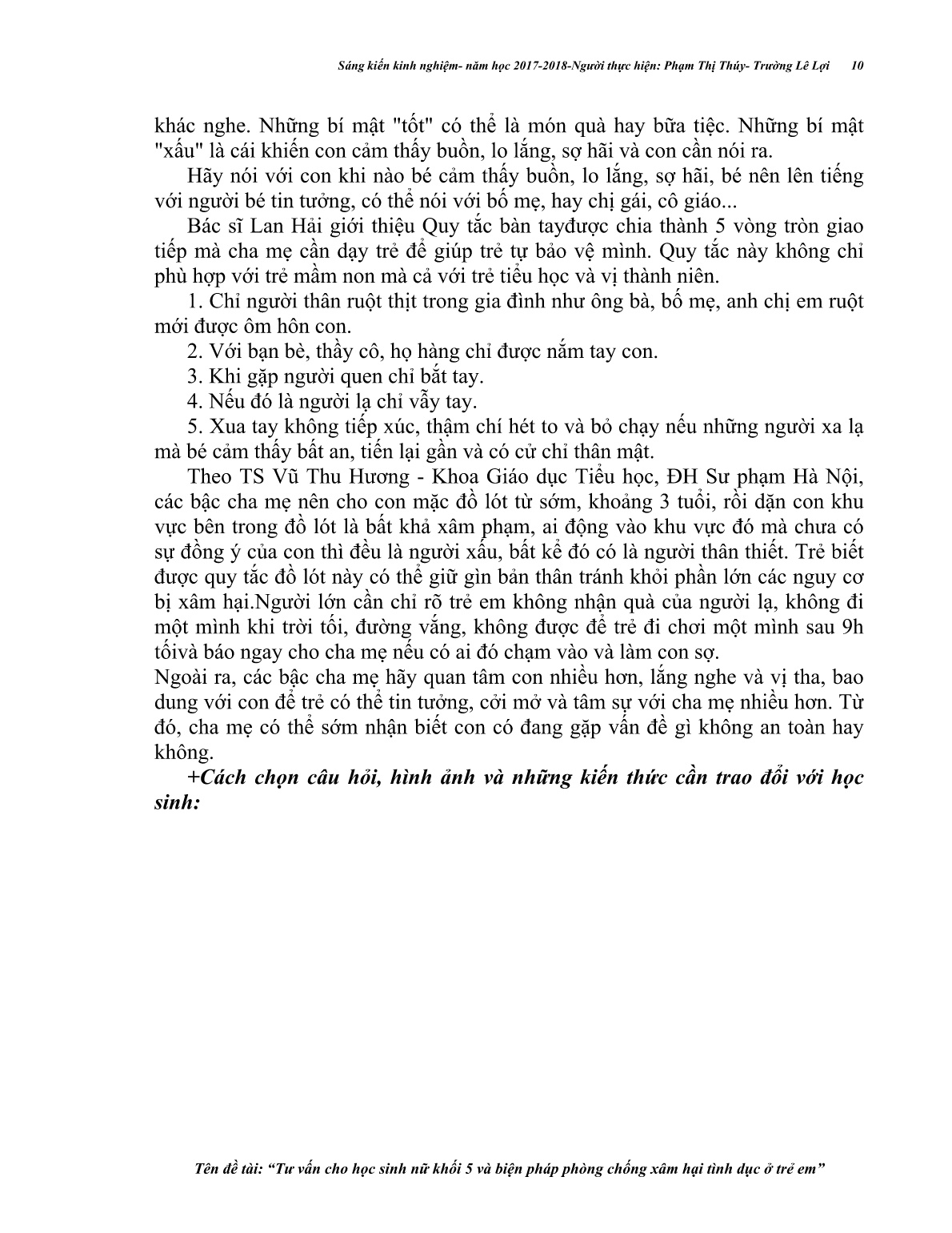 Sáng kiến kinh nghiệm Tư vấn cho học sinh nữ Khối 5 và biện pháp phòng chống lạm dụng tình dục ở trẻ em trang 10