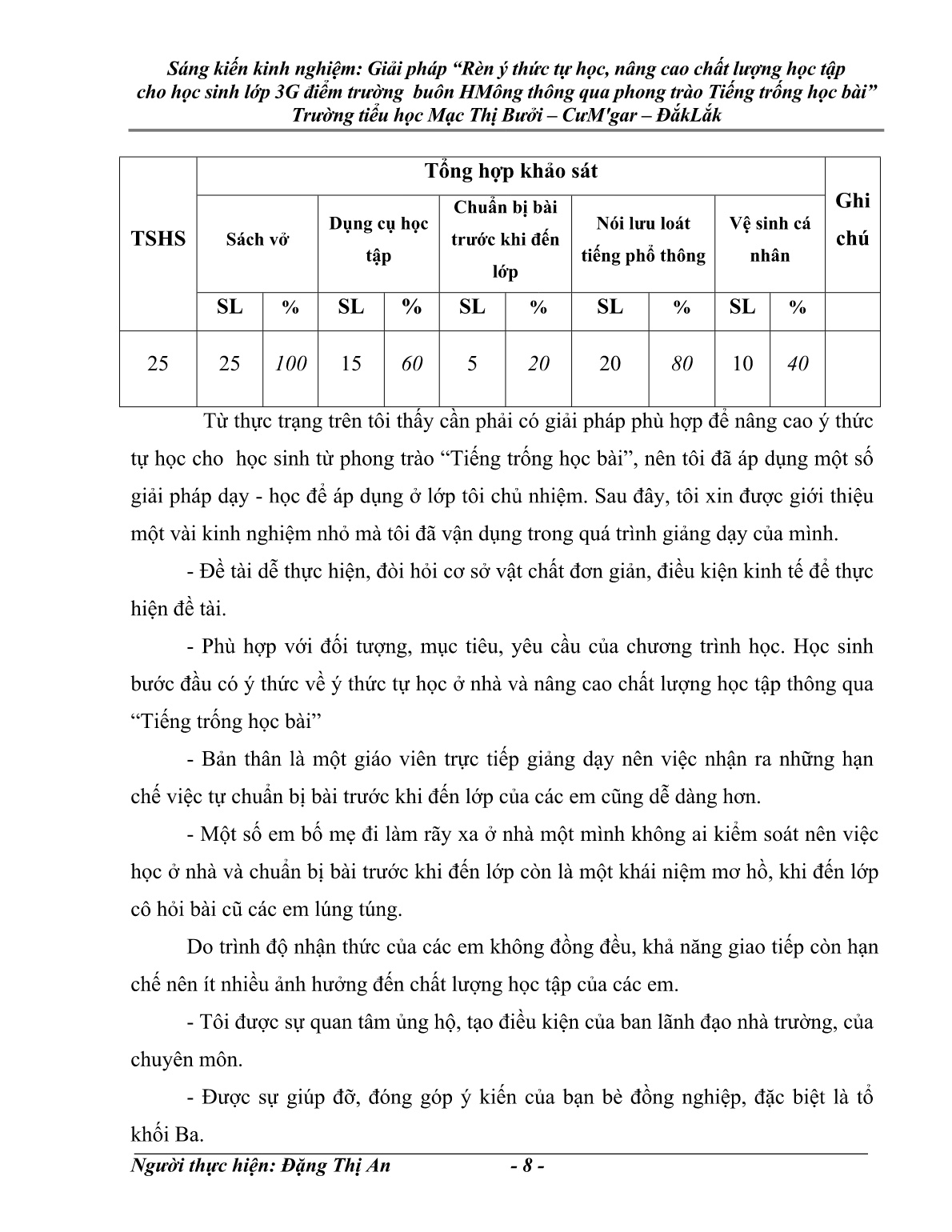 SKKN Giải pháp rèn ý thức tự học, nâng cao chất lượng học tập cho học sinh Lớp 3G điểm trường buôn H Mông thông qua phong trào Tiếng trống học bài trang 8