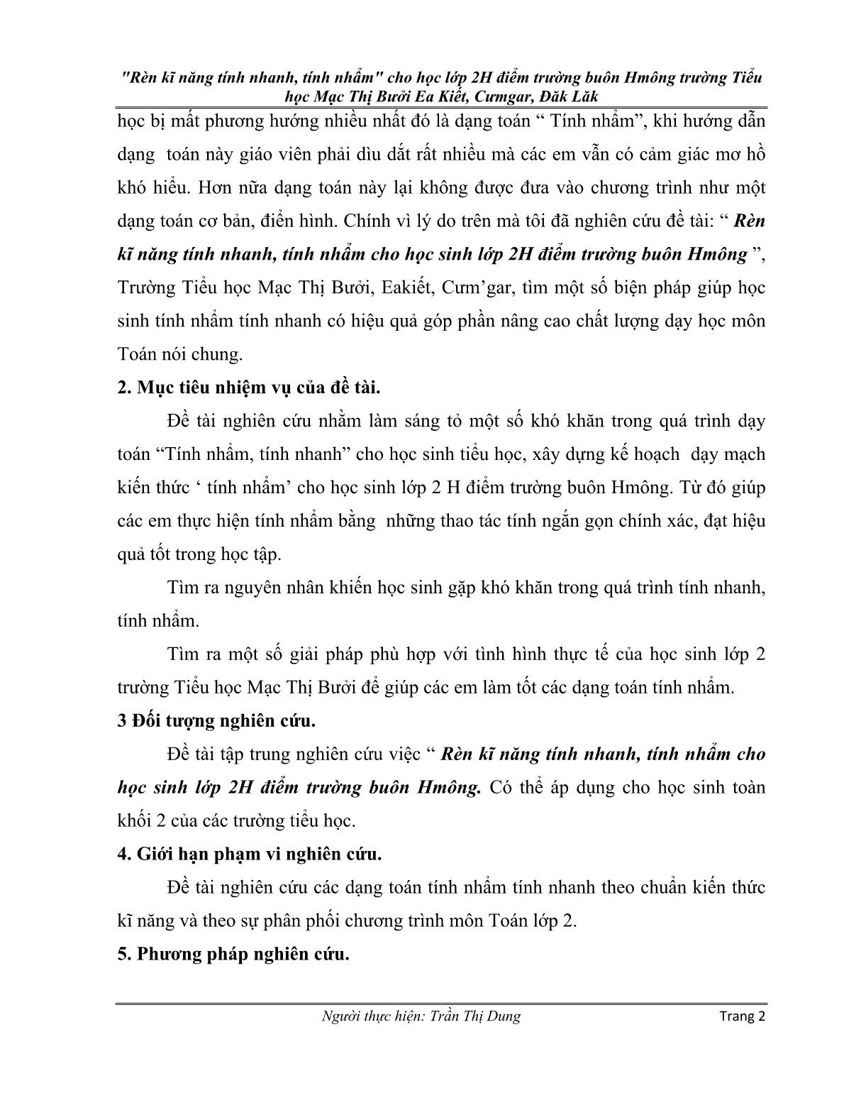 SKKN Rèn kĩ năng tính nhanh, tính nhẩm cho học Lớp 2H điểm trường buôn Hmông trường Tiểu học Mạc Thị Bưởi Ea Kiết, Cưmgar, Đăk Lăk trang 2