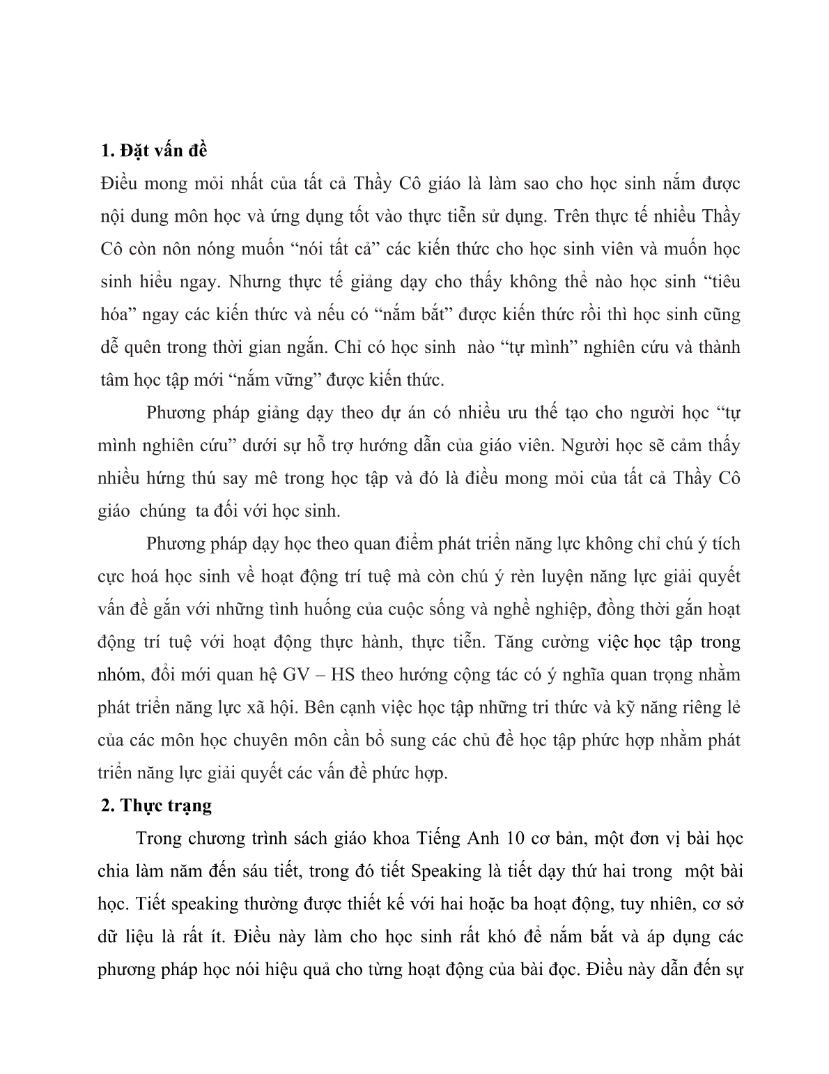 Tham luận Phương pháp dạy học theo dự án với kỹ năng Speaking Khối 10 ở trường THPT Hòa Bình trang 2