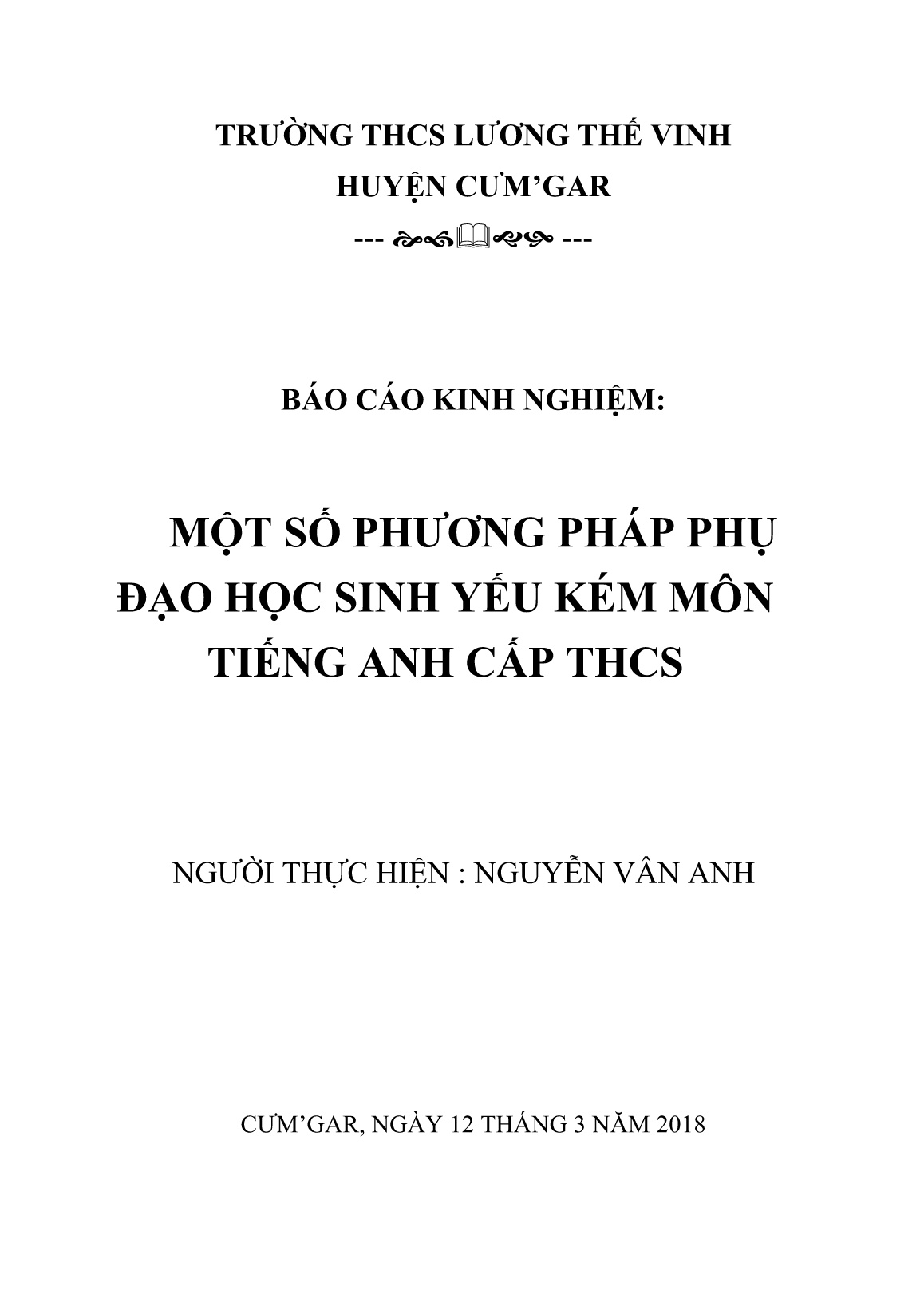 Sáng kiến kinh nghiệm Một số phương pháp phụ đạo học sinh yếu kém môn Tiếng Anh cấp THCS trang 1