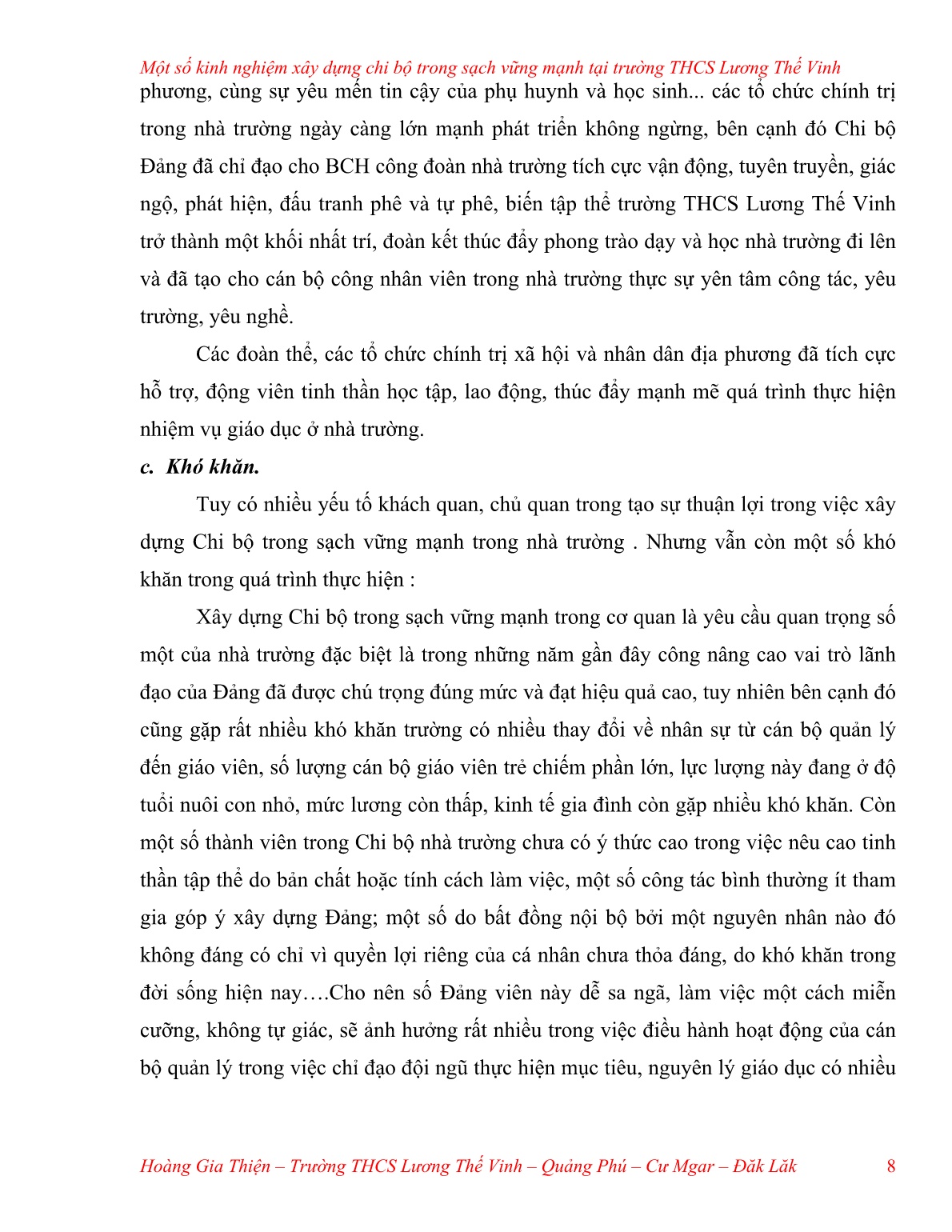 Sáng kiến kinh nghiệm Một số kinh nghiệm xây dựng chi bộ trong sạch vững mạnh tại trường THCS Lương Thế Vinh trang 8