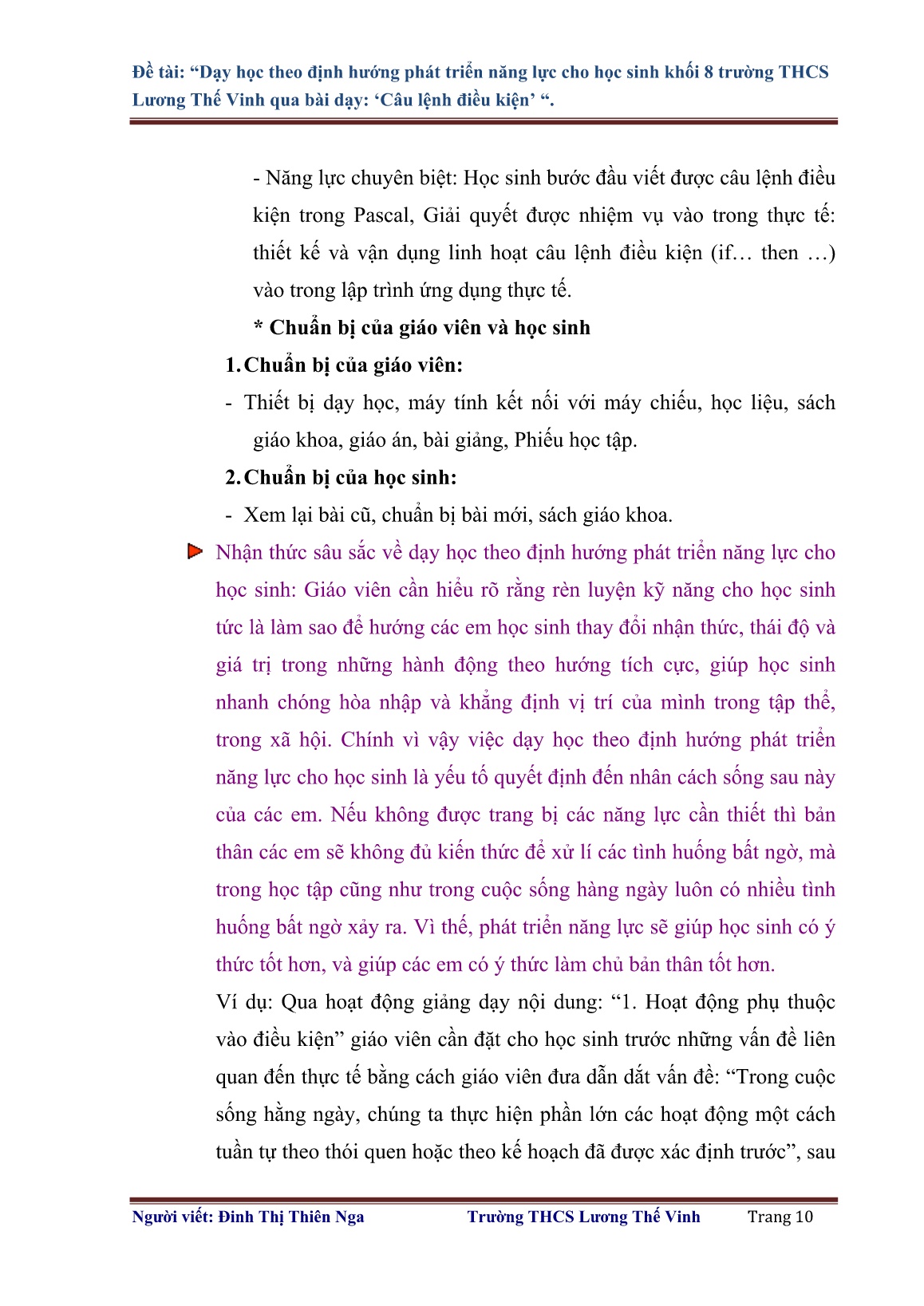 SKKN Dạy học theo định hướng phát triển năng lực cho học sinh Khối 8 trường THCS Lương Thế Vinh qua bài dạy Câu lệnh điều kiện trang 10