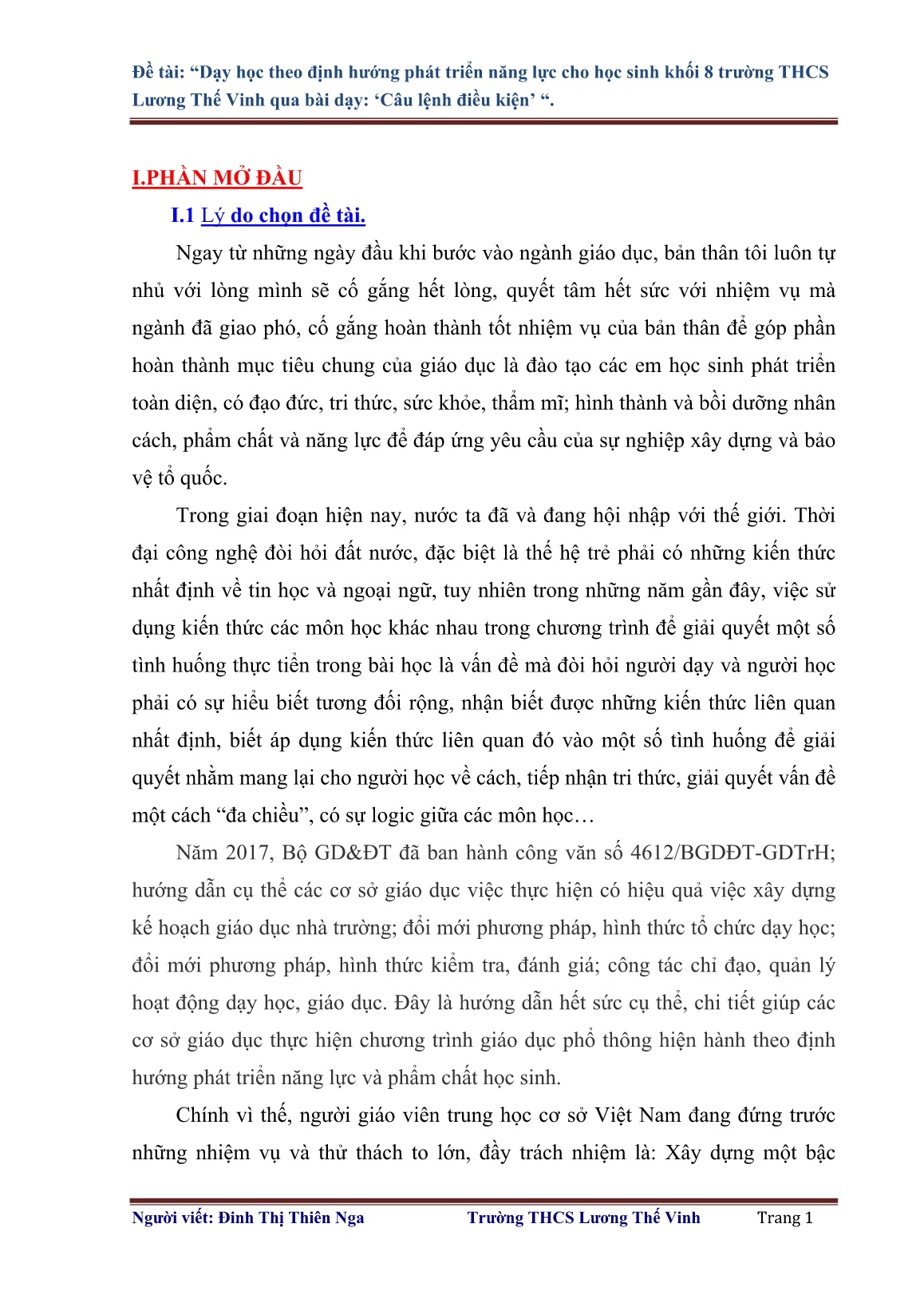 SKKN Dạy học theo định hướng phát triển năng lực cho học sinh Khối 8 trường THCS Lương Thế Vinh qua bài dạy Câu lệnh điều kiện trang 1