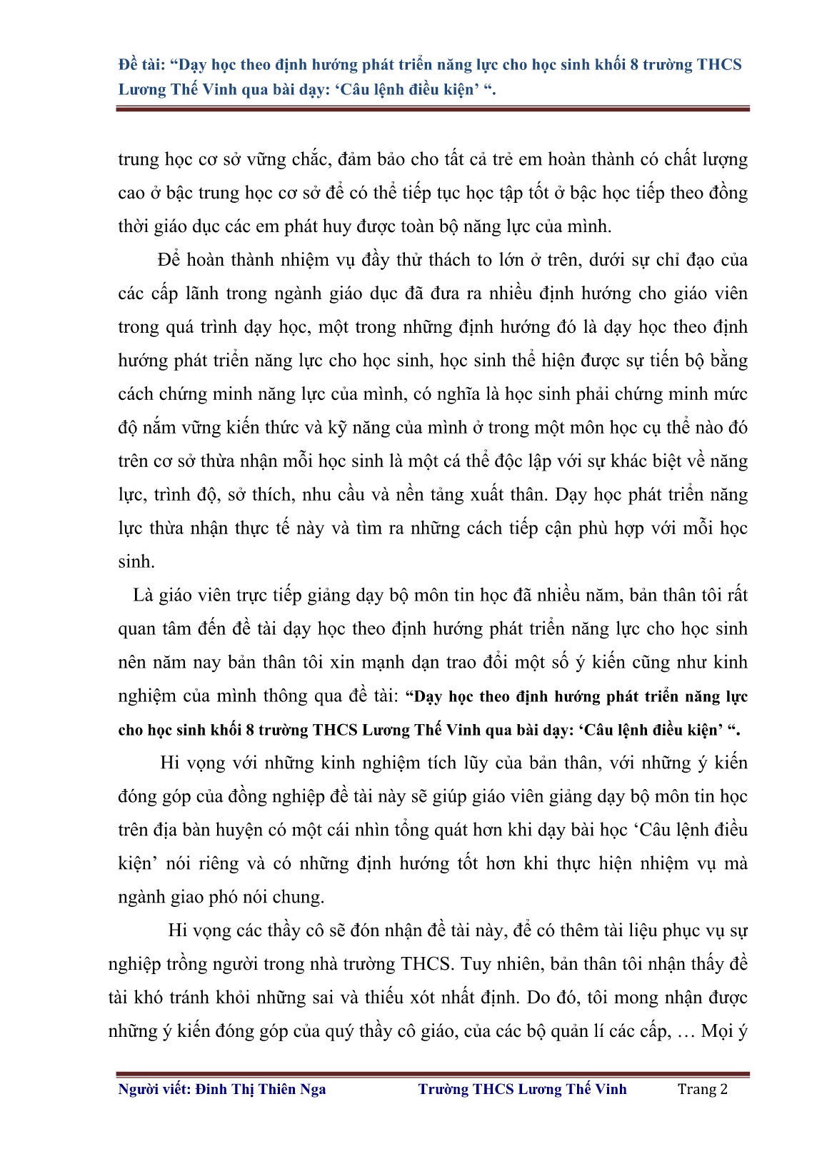 SKKN Dạy học theo định hướng phát triển năng lực cho học sinh Khối 8 trường THCS Lương Thế Vinh qua bài dạy Câu lệnh điều kiện trang 2