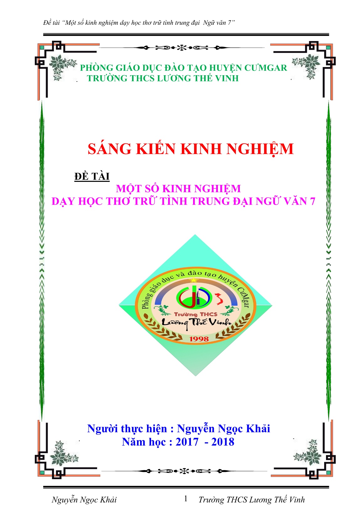 Sáng kiến kinh nghiệm Một số kinh nghiệm dạy học thơ trữ tình trung đại Ngữ văn 7 trang 1