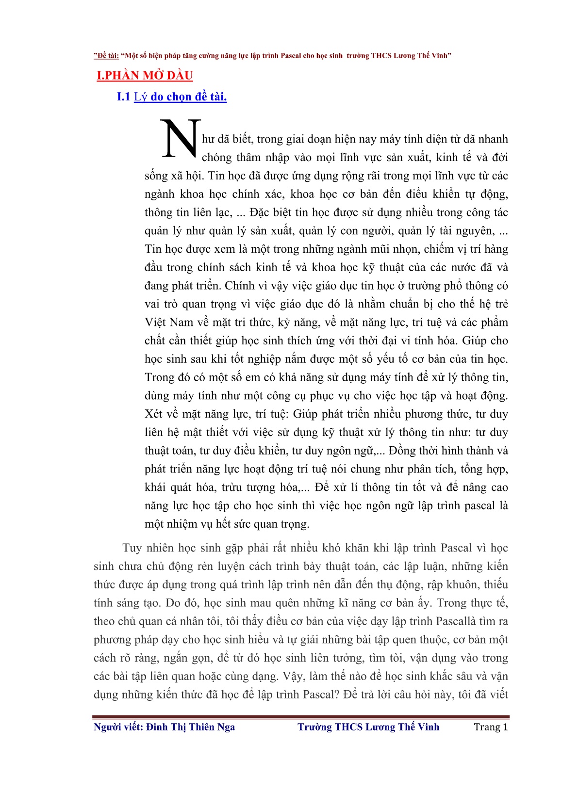 Sáng kiến kinh nghiệm Một số biện pháp tăng cường năng lực lập trình Pascal cho học sinh trường THCS Lương Thế Vinh trang 1