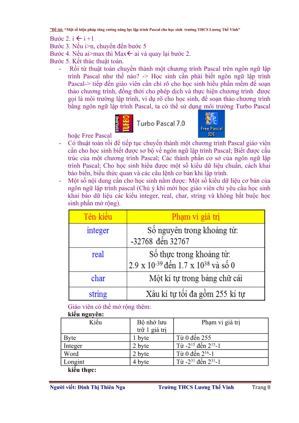Sáng kiến kinh nghiệm Một số biện pháp tăng cường năng lực lập trình Pascal cho học sinh trường THCS Lương Thế Vinh trang 8