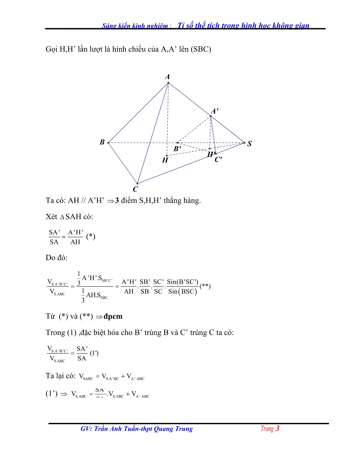 Sáng kiến kinh nghiệm Tỉ số thể tích trong hình học không gian trang 3