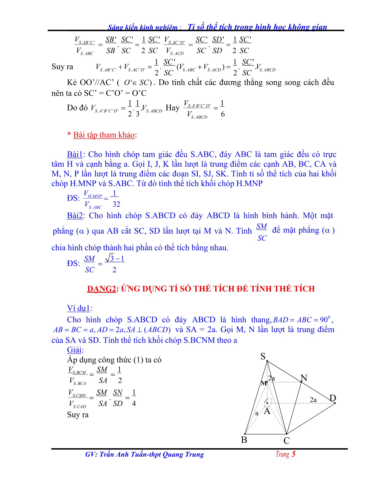 Sáng kiến kinh nghiệm Tỉ số thể tích trong hình học không gian trang 5