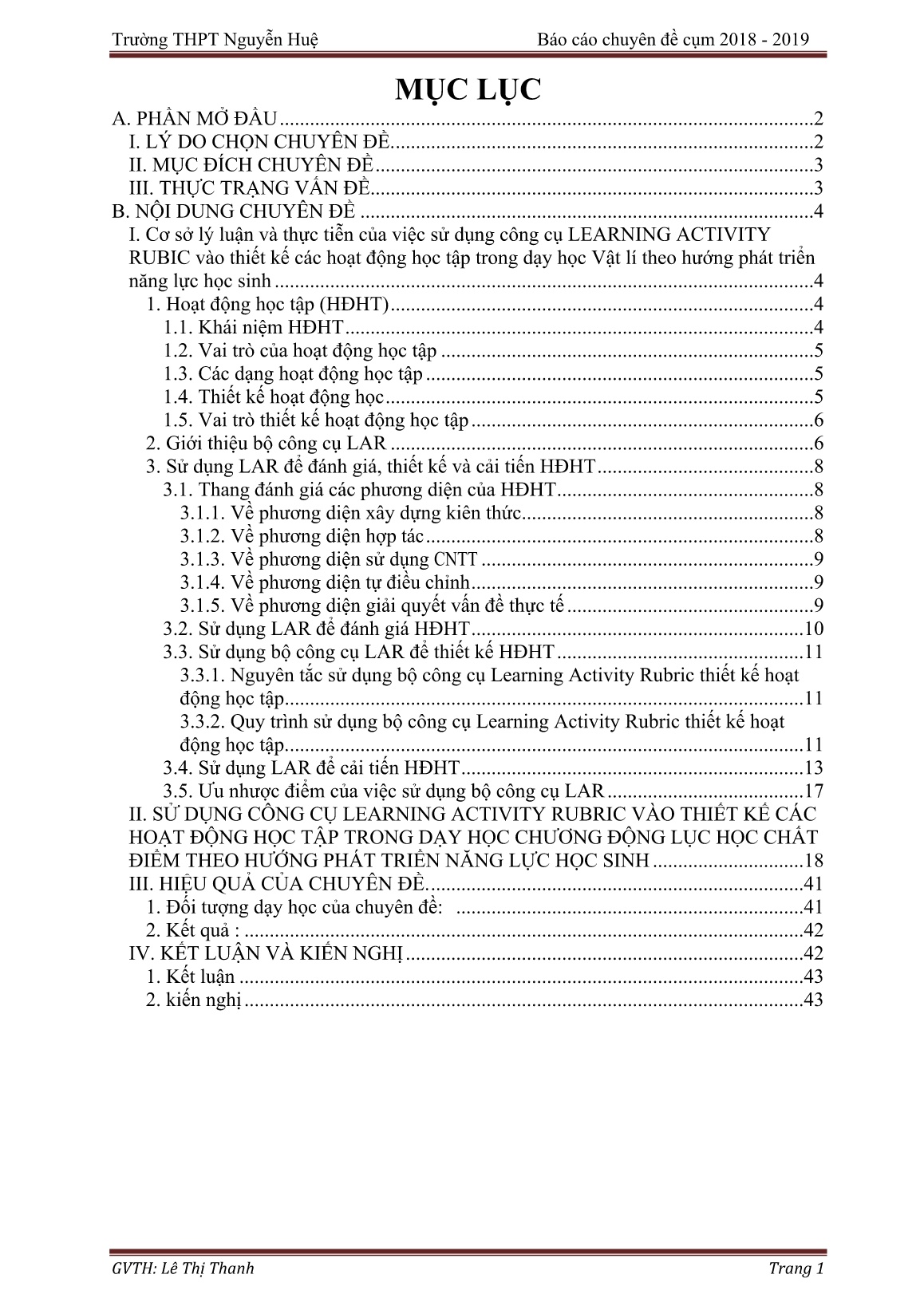 SKKN Sử dụng công cụ Learning Activity Rubric (LAR) vào thiết kế, đánh giá và cải tiến các hoạt động học tập trong dạy học chương động lực học chất điểm theo hướng phát triển năng lực học sinh trang 1