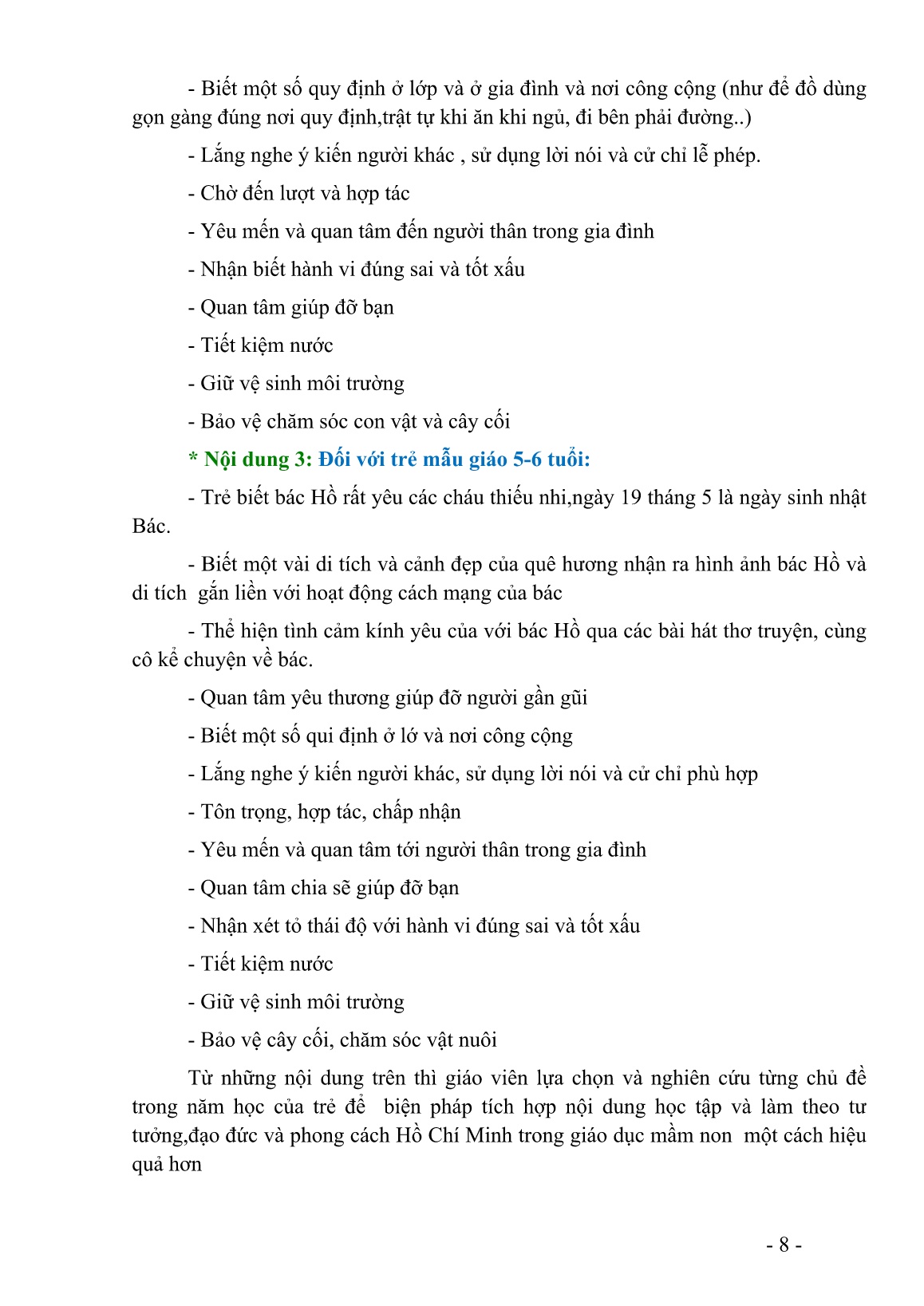 SKKN Một số biện pháp tích hợp nội dung học tập và làm theo tư tưởng, đạo đức và phong cách Hồ Chí Minh trong giáo dục mầm non trang 8