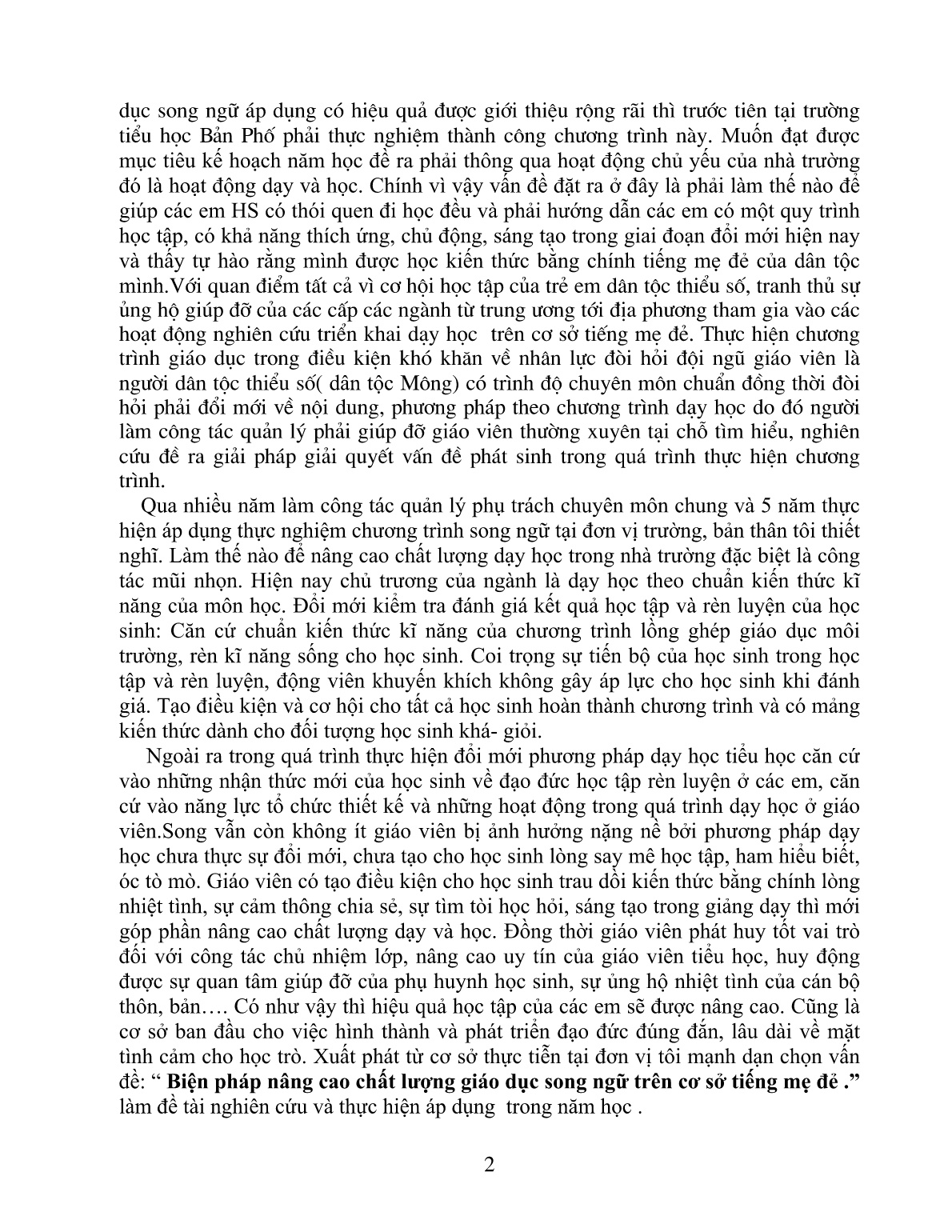 SKKN Biện pháp nâng cao chất lượng giáo dục song ngữ trên cơ sở tiếng mẹ đẻ ở trường Tiểu học Bản Phố trang 2