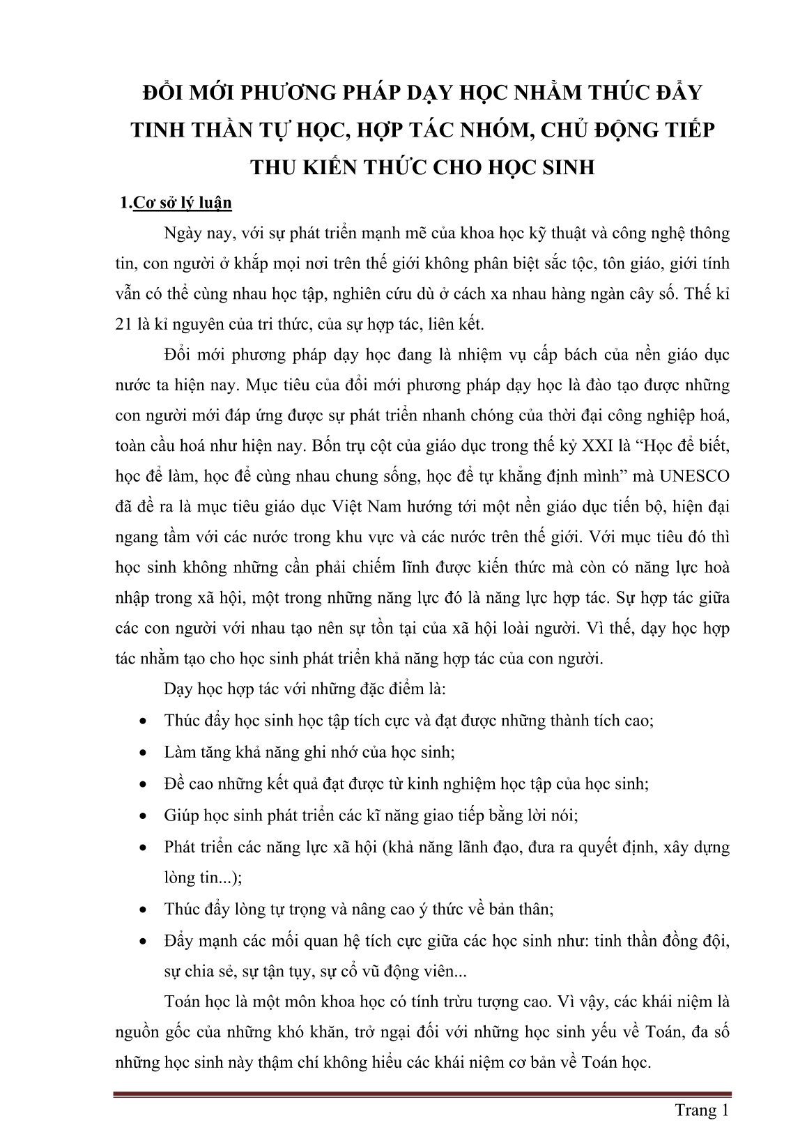 SKKN Đổi mới phương pháp dạy học nhằm thúc đẩy tinh thần tự học, hợp tác nhóm, chủ động tiếp thu kiến thức cho học sinh trang 1