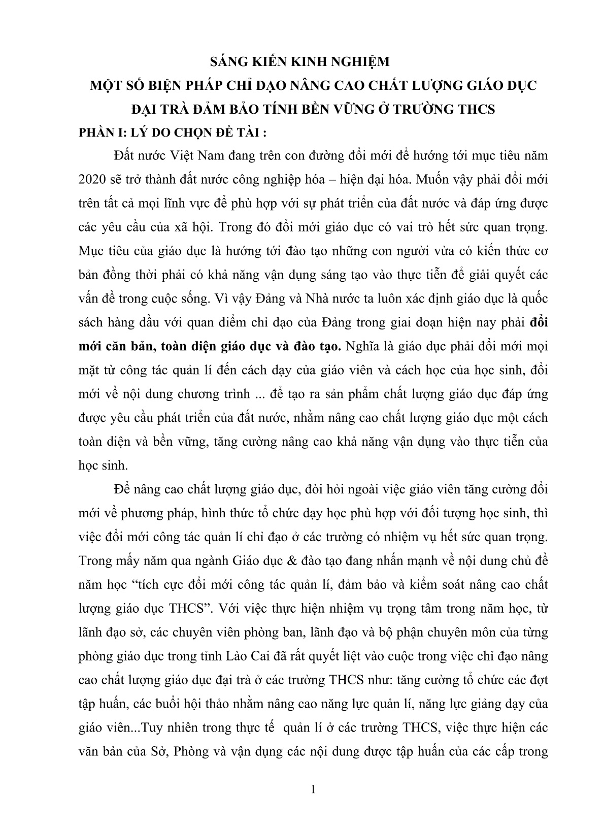 SKKN Một số biện pháp chỉ đạo nâng cao chất lượng giáo dục đại trà đảm bảo tính bền vững ở trường THCS trang 1