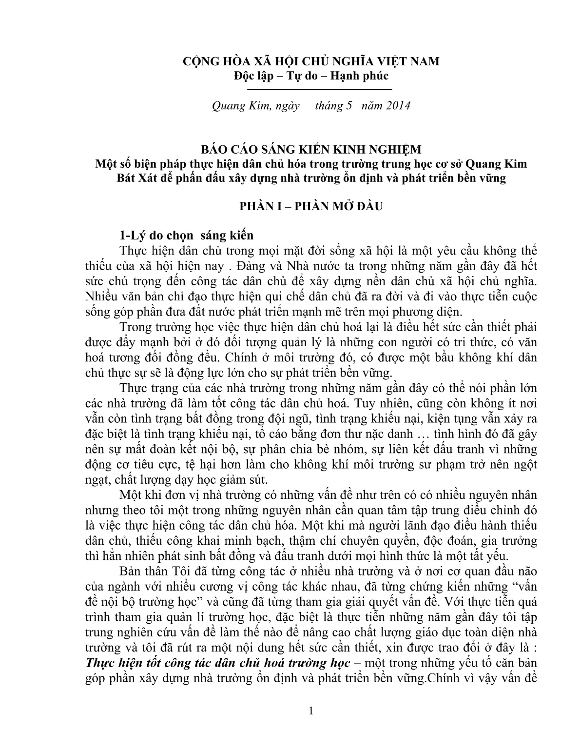 SKKN Một số biện pháp thực hiện dân chủ hóa trong trường trung học cơ sở Quang Kim Bát Xát để phấn đấu xây dựng nhà trường ổn định và phát triển bền vững trang 1