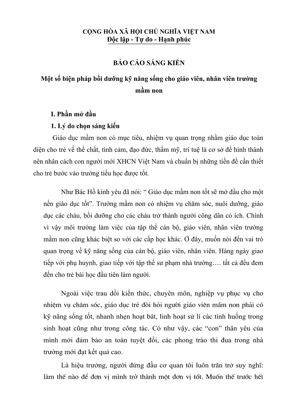 Sáng kiến kinh nghiệm Một số biện pháp bồi dưỡng kỹ năng sống cho giáo viên, nhân viên trường mầm non trang 1