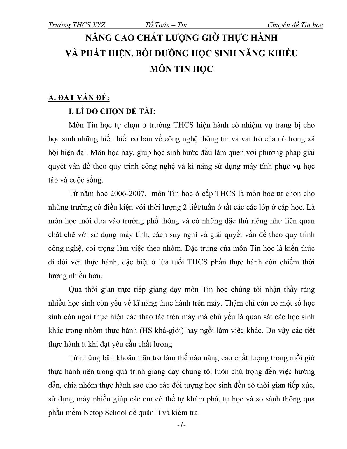 Sáng kiến kinh nghiệm Nâng cao chất lượng giờ thực hành và phát hiện, bồi dưỡng học sinh năng khiếu môn Tin học trang 1