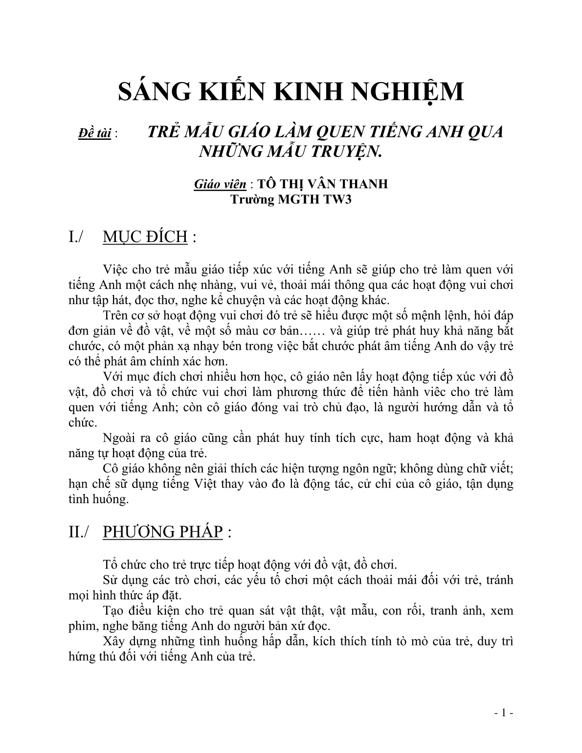 Sáng kiến kinh nghiệm Trẻ mẫu giáo làm quen Tiếng Anh qua những mẫu truyện trang 1