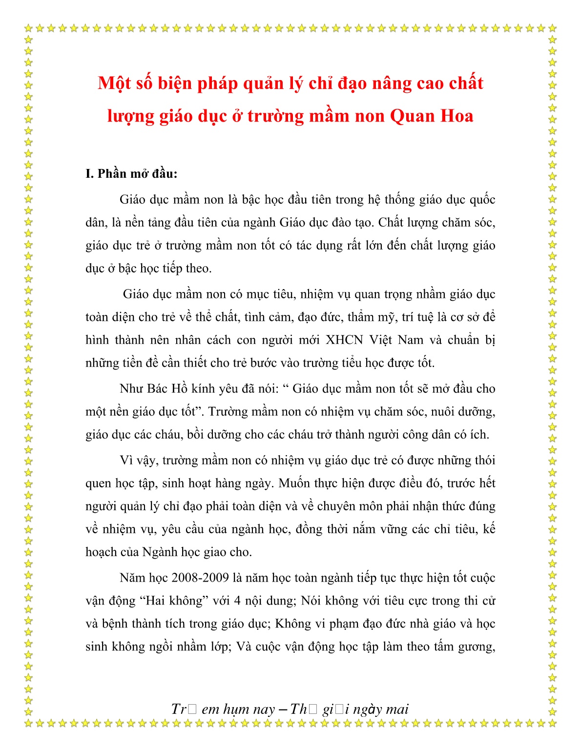 Sáng kiến kinh nghiệm Một số biện pháp quản lý chỉ đạo nâng cao chất lượng giáo dục ở trường mầm non Quan Hoa trang 1