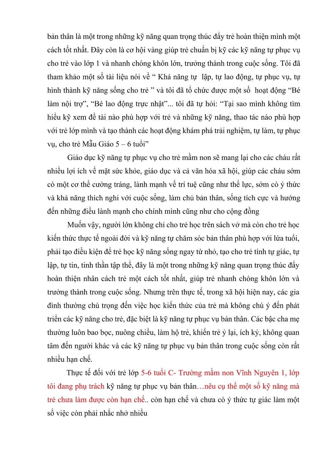 SKKN Giải pháp nâng cao kỹ năng tự phục vụ cho trẻ 5-6 tuổi C thông qua hoạt động hàng ngày tại trường mầm non Vĩnh Nguyên 1, Nha Trang trang 6