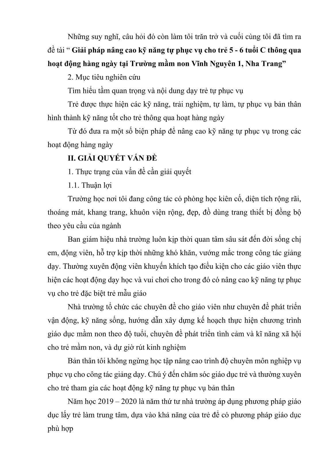 SKKN Giải pháp nâng cao kỹ năng tự phục vụ cho trẻ 5-6 tuổi C thông qua hoạt động hàng ngày tại trường mầm non Vĩnh Nguyên 1, Nha Trang trang 7