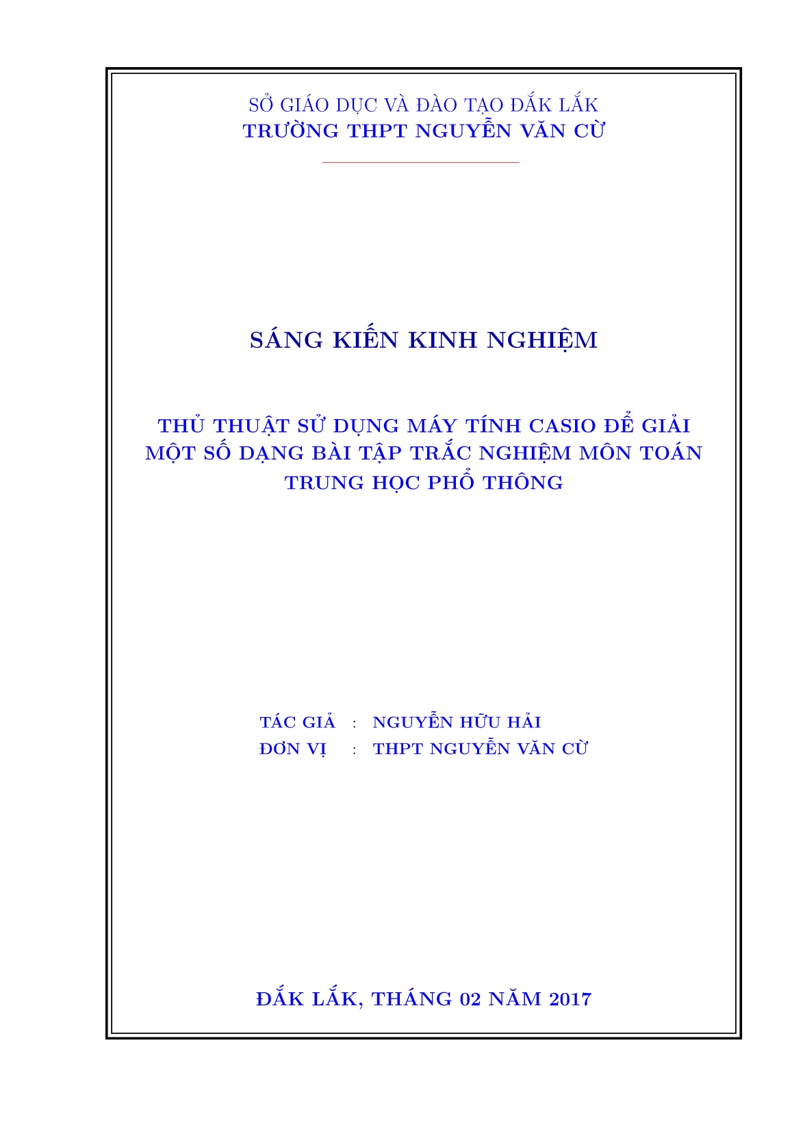 SKKN Thủ thuật sử dụng máy tính CASIO để giải một số dạng bài tập trắc nghiệm môn Toán trung học phổ thông trang 2