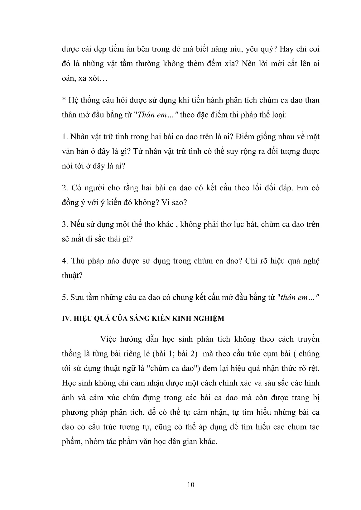 SKKN Hướng dẫn học sinh phân tích chùm ca dao than thân mở đầu bằng từ Thân em trong SGK Ngữ văn 10 theo đặc trưng thi pháp thể loại trang 10