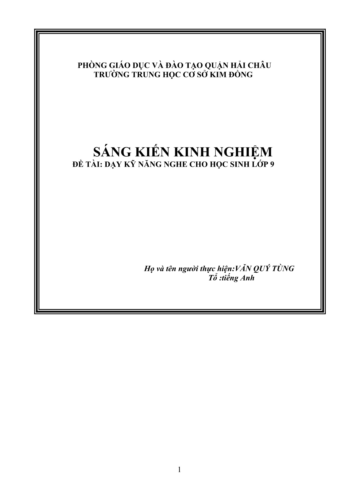 Sáng kiến kinh nghiệm Dạy kỹ năng nghe Tiếng Anh cho học sinh lớp 9 trang 1