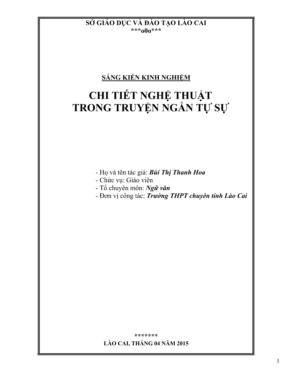 Sáng kiến kinh nghiệm Chi tiết nghệ thuật trong truyện ngắn tự sự trang 1