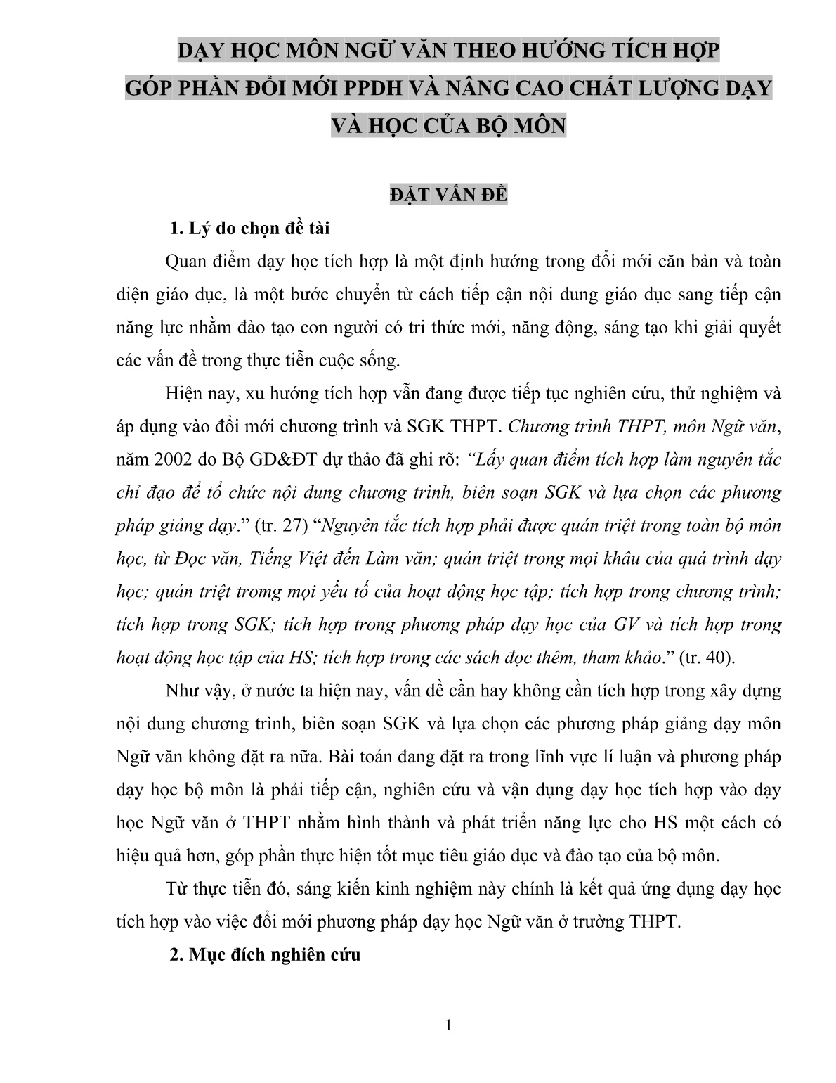 SKKN Dạy học môn Ngữ văn theo hướng tích hợp góp phần đổi mới PPDH và nâng cao chất lượng dạy và học của bộ môn trang 1