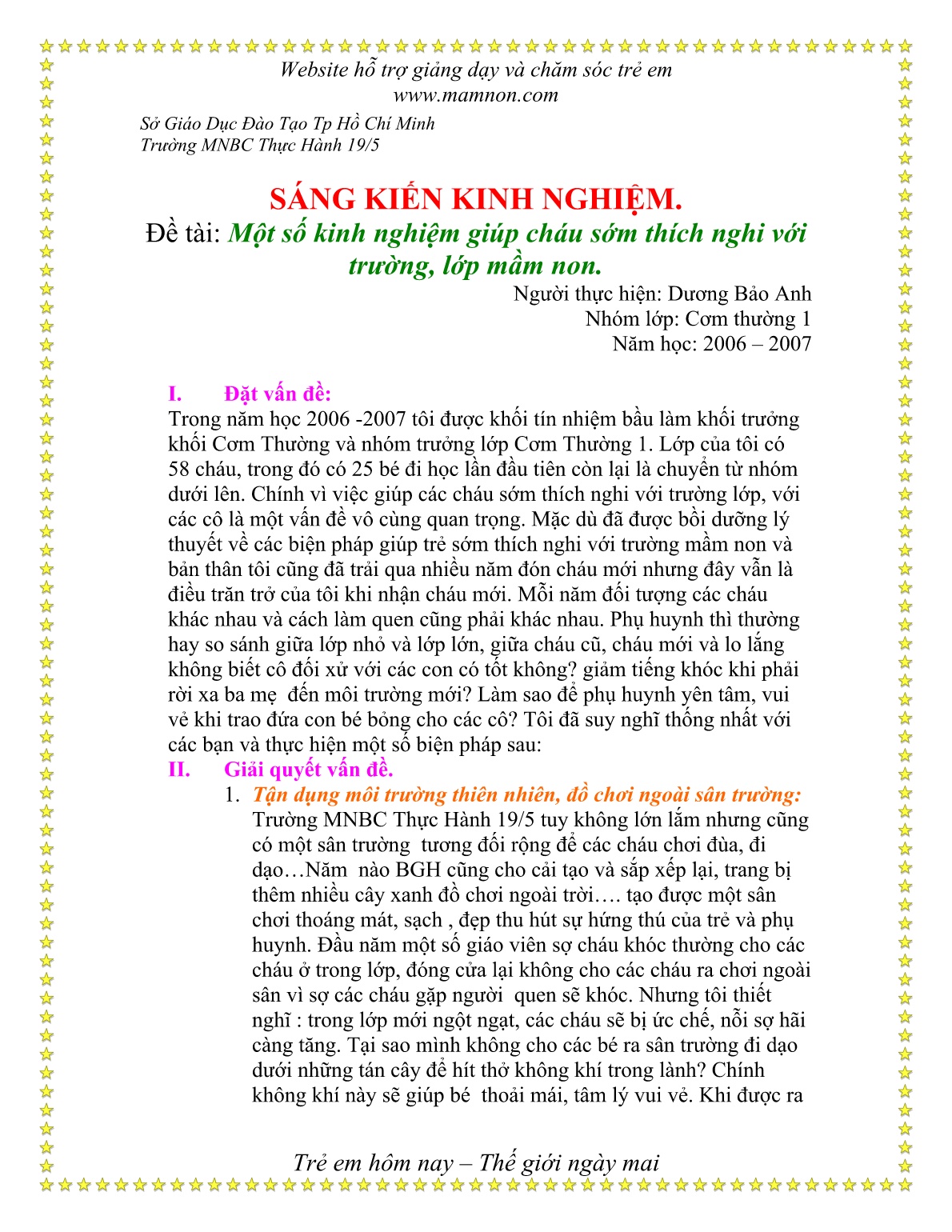 Sáng kiến kinh nghiệm Một số kinh nghiệm giúp cháu sớm thích nghi với trường, lớp mầm non trang 1