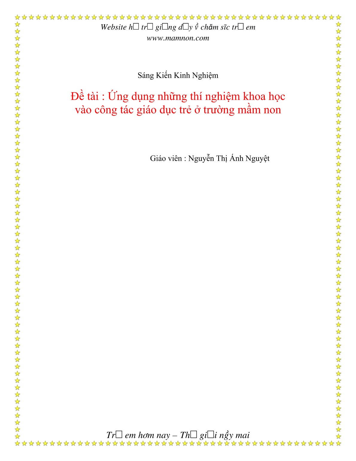 Sáng kiến kinh nghiệm Ứng dụng những thí nghiệm khoa học vào công tác giáo dục trẻ ở trường mầm non trang 1