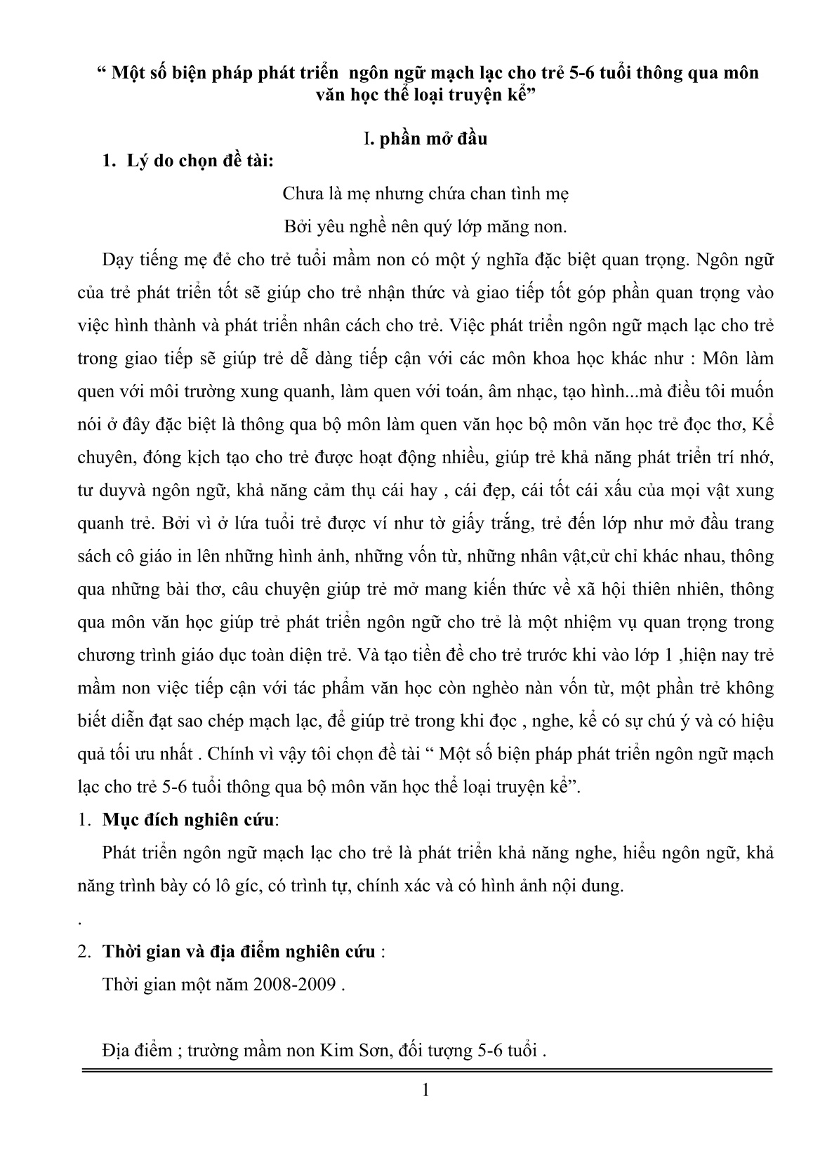 SKKN Một số biện pháp phát triển ngôn ngữ mạch lạc cho trẻ 5-6 tuổi thông qua môn Văn học thể loại truyện kể trang 1