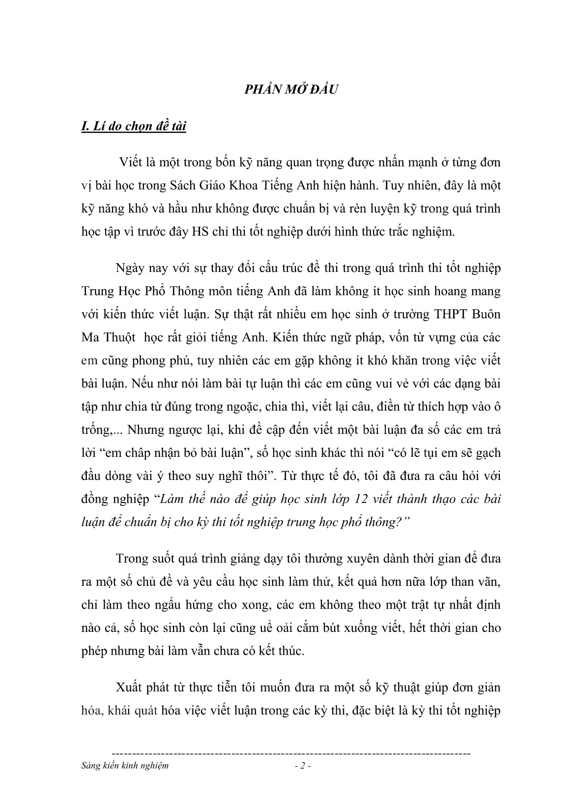 SKKN Làm thế nào để giúp học sinh Lớp 12 viết thành thạo các bài luận để chuẩn bị cho kỳ thi tốt nghiệp trung học phổ thông trang 2