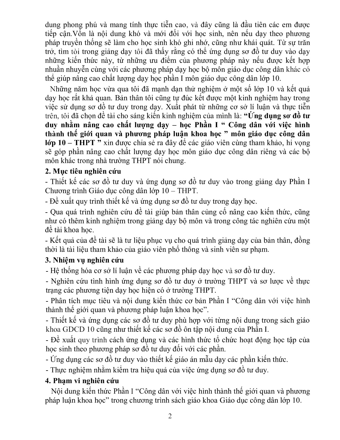 SKKN Ứng dụng sơ đồ tư duy nhằm nâng cao chất lượng dạy – học Phần I “Công dân với việc hình thành thế giới quan và phương pháp luận khoa học” môn Giáo dục công dân Lớp 10 – THPT trang 2