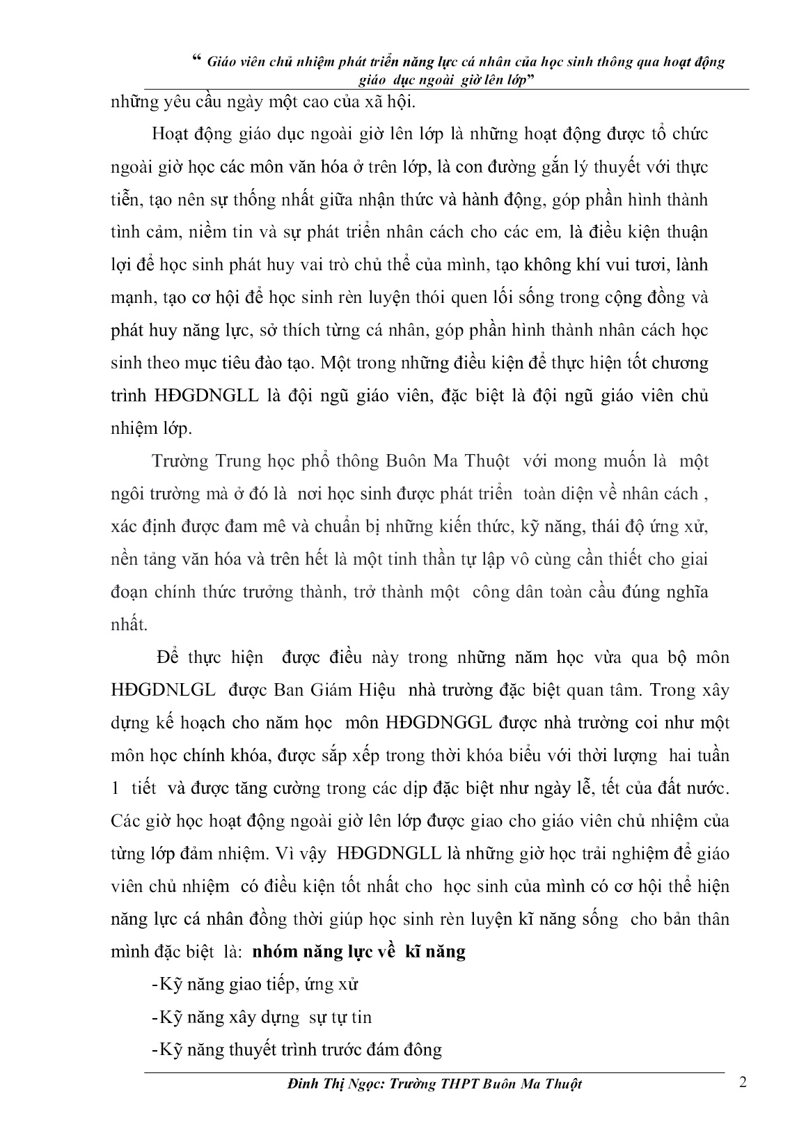 SKKN Giáo viên chủ nhiệm phát triển năng lực cá nhân của học sinh thông qua hoạt động giáo dục ngoài giờ lên lớp trang 2