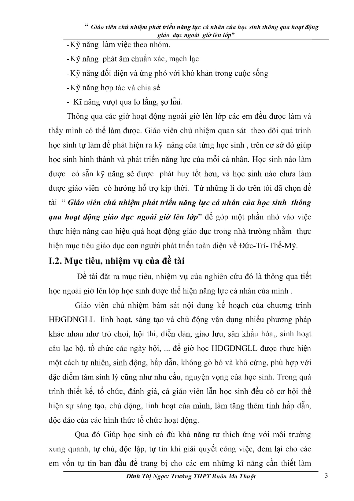 SKKN Giáo viên chủ nhiệm phát triển năng lực cá nhân của học sinh thông qua hoạt động giáo dục ngoài giờ lên lớp trang 3