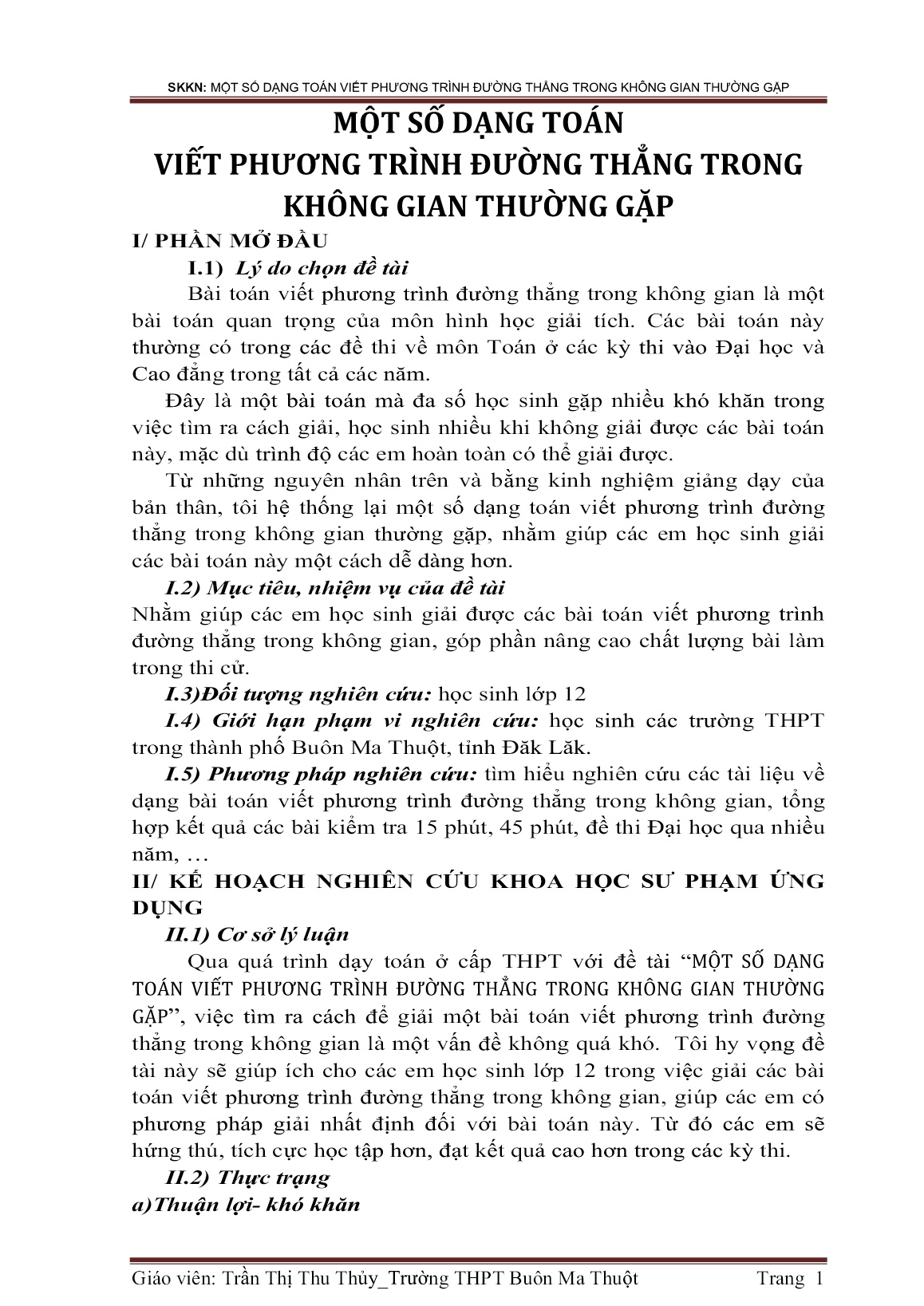 Sáng kiến kinh nghiệm Một số dạng toán viết phương trình đường thẳng trong không gian thường gặp trang 1